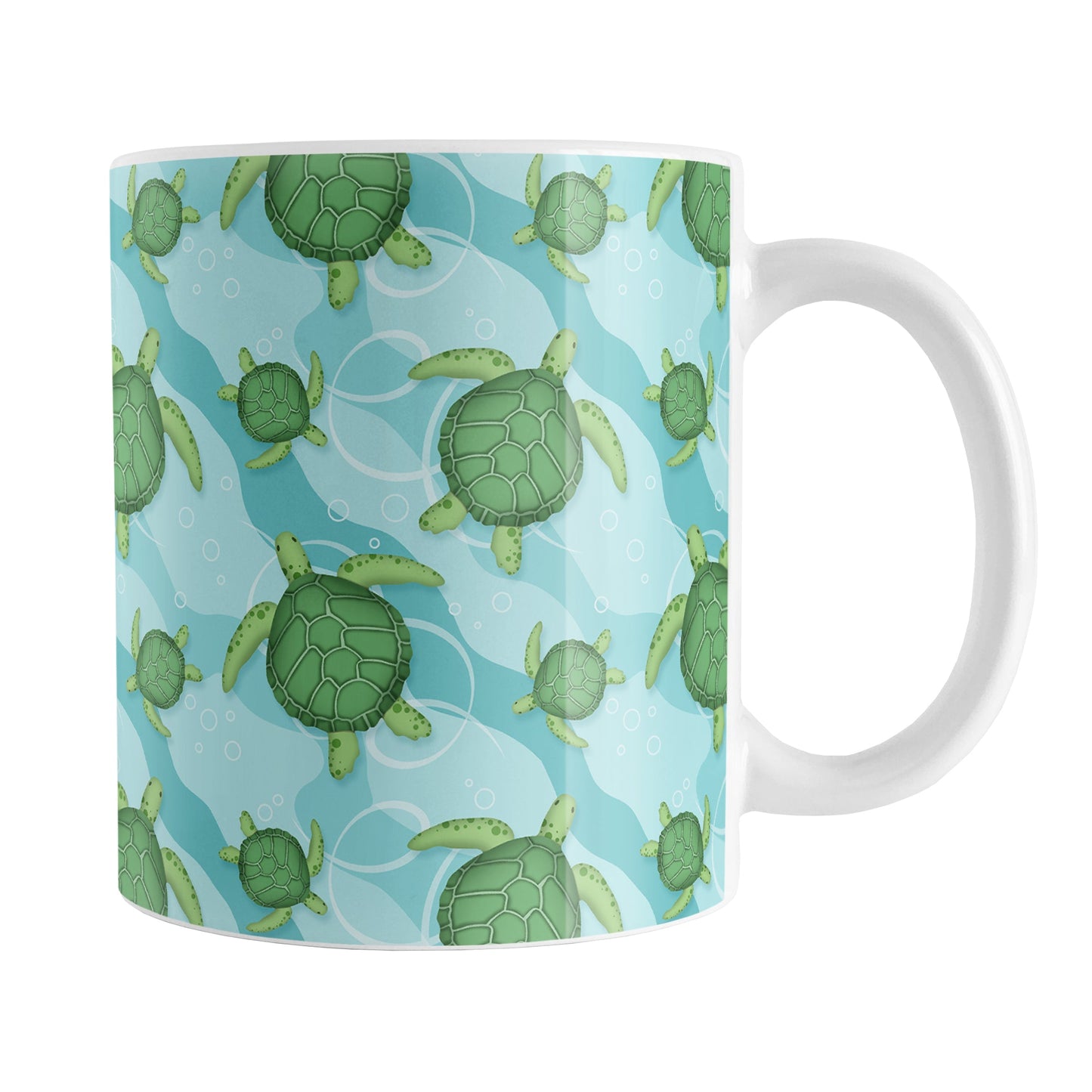 Aquatic Sea Turtle Pattern Mug (11oz) at Amy's Coffee Mugs. A ceramic coffee mug with an aquatic pattern of green sea turtles, swimming over a wavy underwater pattern design in blue and turquoise, that wraps around the mug up to the handle.