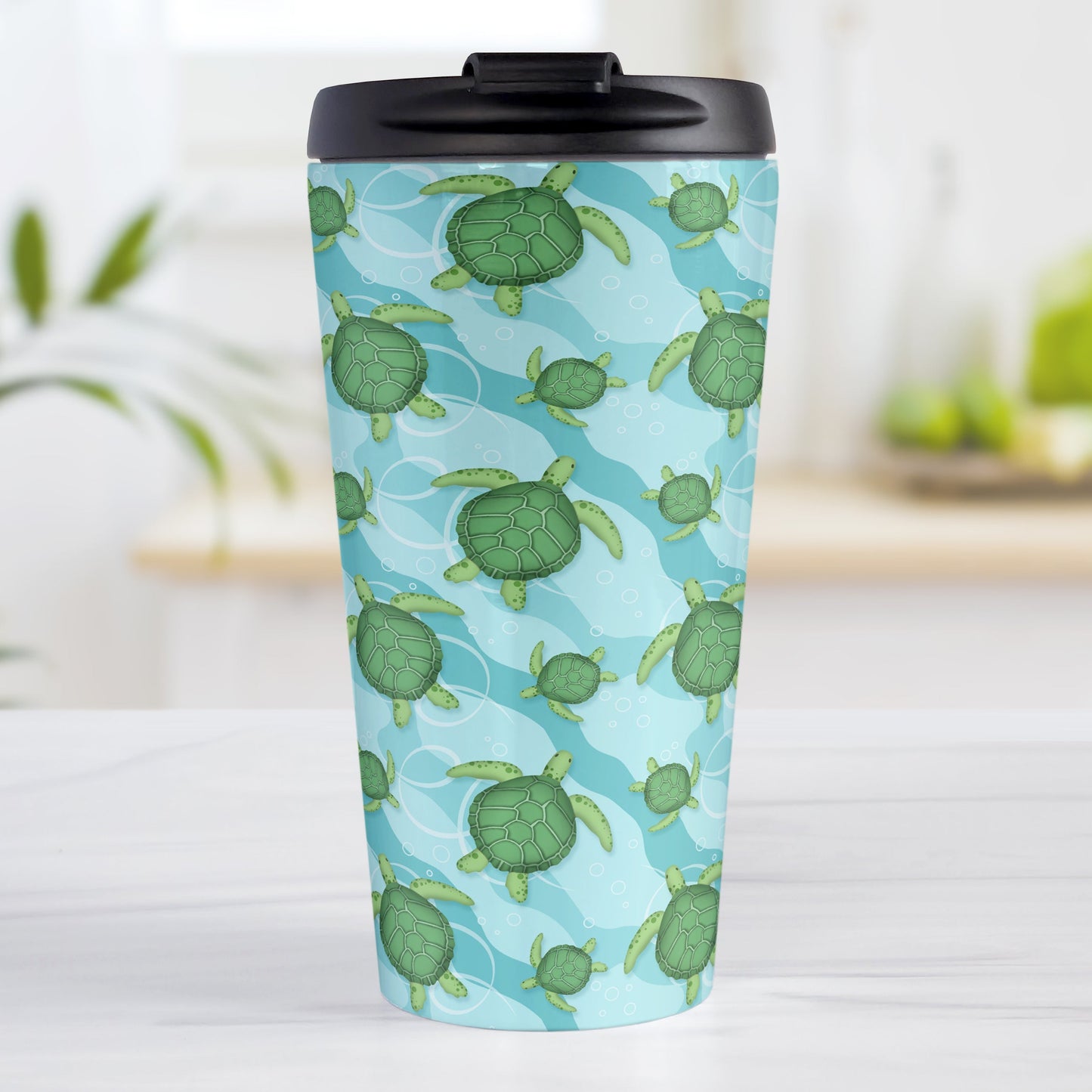 Aquatic Sea Turtle Pattern Travel Mug (15oz, stainless steel insulated) at Amy's Coffee Mugs. A travel mug with an aquatic pattern of green sea turtles, swimming over a wavy underwater pattern design in blue and turquoise, that wraps around the travel mug.
