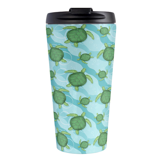 Aquatic Sea Turtle Pattern Travel Mug (15oz, stainless steel insulated) at Amy's Coffee Mugs. A travel mug with an aquatic pattern of green sea turtles, swimming over a wavy underwater pattern design in blue and turquoise, that wraps around the travel mug.