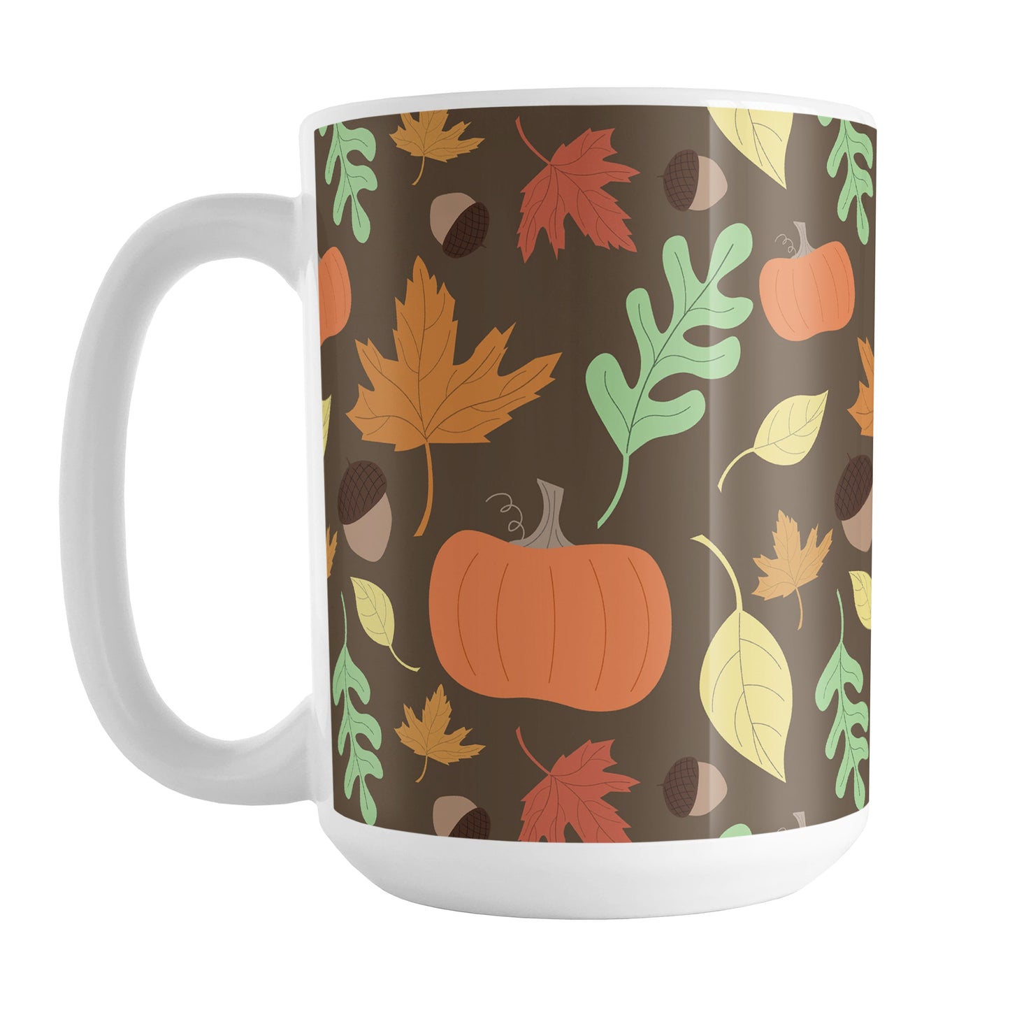 Autumn Pumpkins and Leaves Pattern - Fall Mug (15oz) at Amy's Coffee Mugs. A ceramic coffee mug designed with a pattern of pumpkins, acorns, and leaves in orange, yellow, and green over a brown background color that wraps around the mug up to the handle.