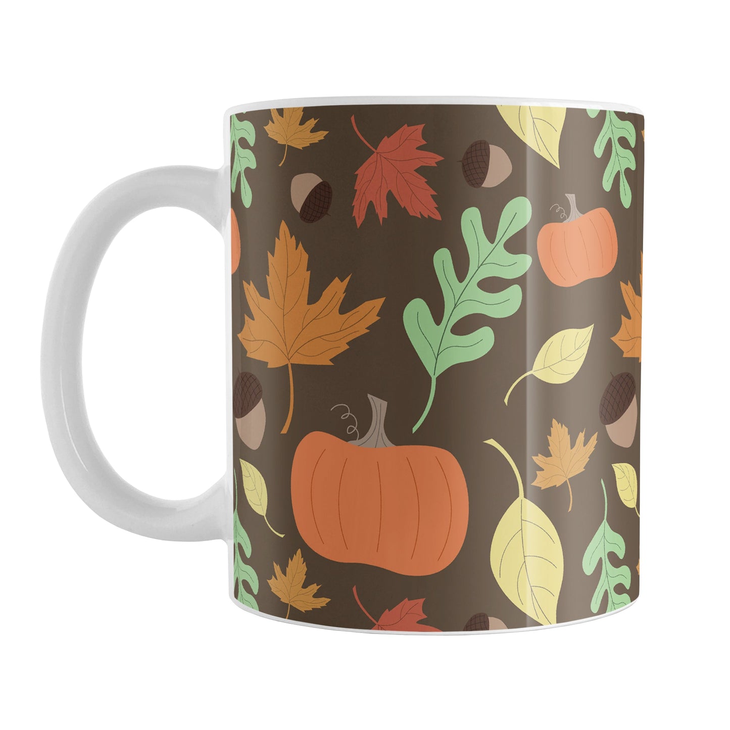 Autumn Pumpkins and Leaves Pattern - Fall Mug (11oz) at Amy's Coffee Mugs. A ceramic coffee mug designed with a pattern of pumpkins, acorns, and leaves in orange, yellow, and green over a brown background color that wraps around the mug up to the handle.