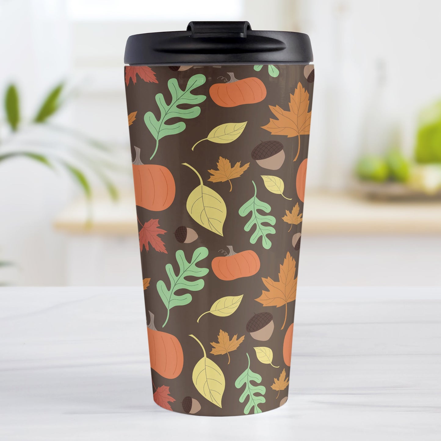 Autumn Pumpkins and Leaves Pattern - Fall Travel Mug (15oz, stainless steel insulated) at Amy's Coffee Mugs. A travel mug designed with a pattern of pumpkins, acorns, and leaves in orange, yellow, and green over a brown background color that wraps around the travel mug.
