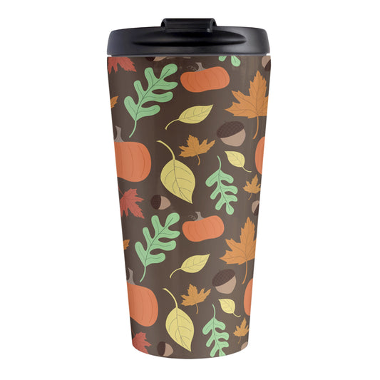 Autumn Pumpkins and Leaves Pattern - Fall Travel Mug (15oz, stainless steel insulated) at Amy's Coffee Mugs. A travel mug designed with a pattern of pumpkins, acorns, and leaves in orange, yellow, and green over a brown background color that wraps around the travel mug.
