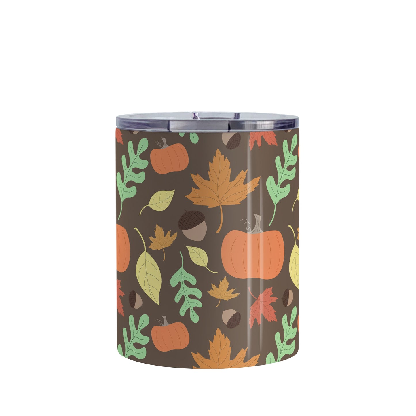 Autumn Pumpkins and Leaves Pattern - Fall Tumbler Cup (10oz, stainless steel insulated) at Amy's Coffee Mugs. A tumbler cup designed with a pattern of pumpkins, acorns, and leaves in orange, yellow, and green over a brown background color that wraps around the cup.