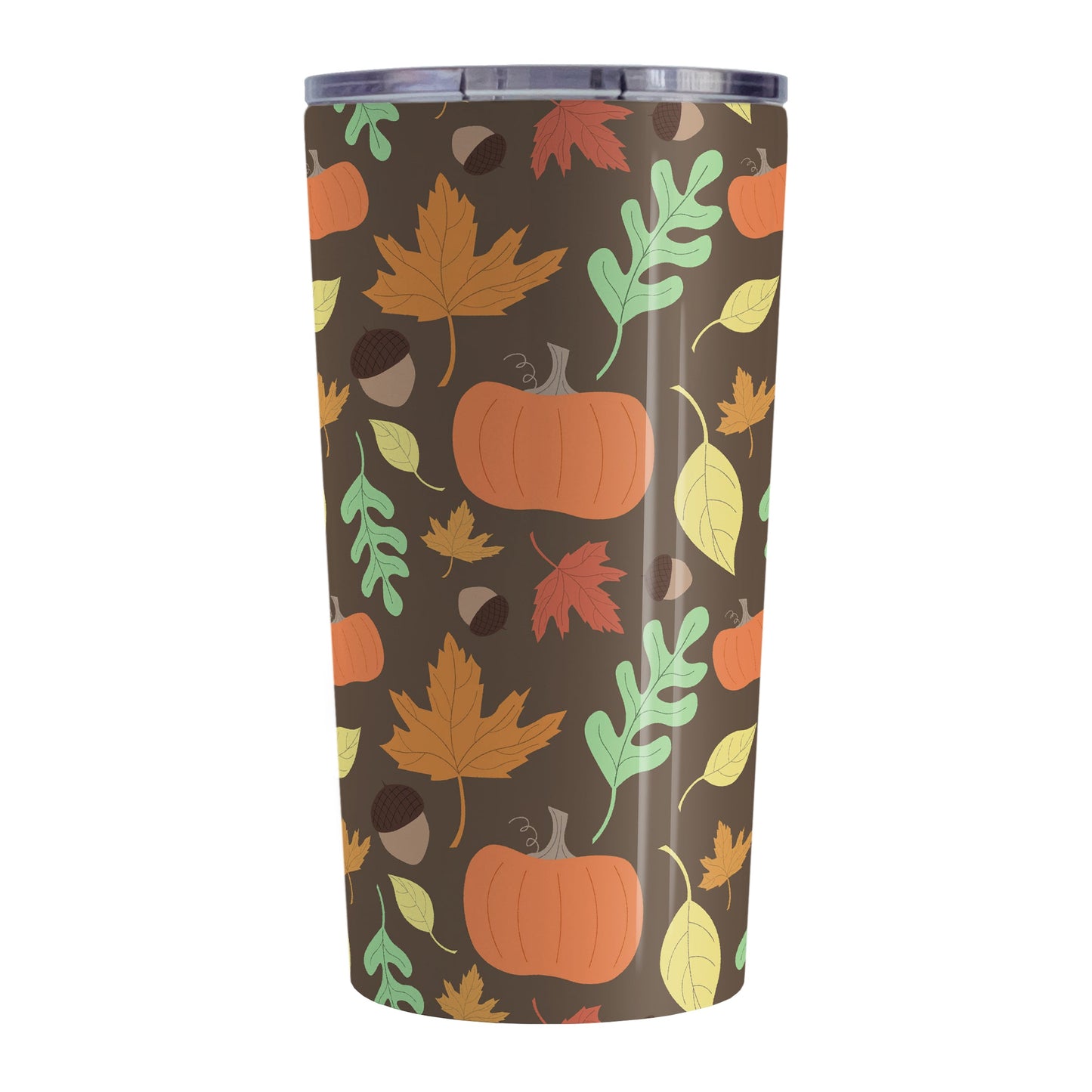 Autumn Pumpkins and Leaves Pattern - Fall Tumbler Cup (20oz, stainless steel insulated) at Amy's Coffee Mugs. A tumbler cup designed with a pattern of pumpkins, acorns, and leaves in orange, yellow, and green over a brown background color that wraps around the cup.