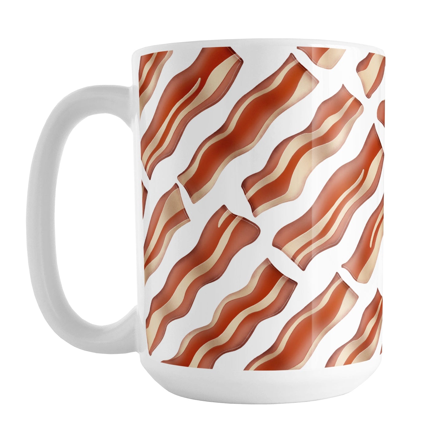 Bacon Pattern Mug (15oz) at Amy's Coffee Mugs. A ceramic coffee mug designed with a diagonal pattern of bacon strips that wraps around the mug to the handle. It's perfect for anyone who loves bacon and wants a breakfast-themed mug with their morning meal.