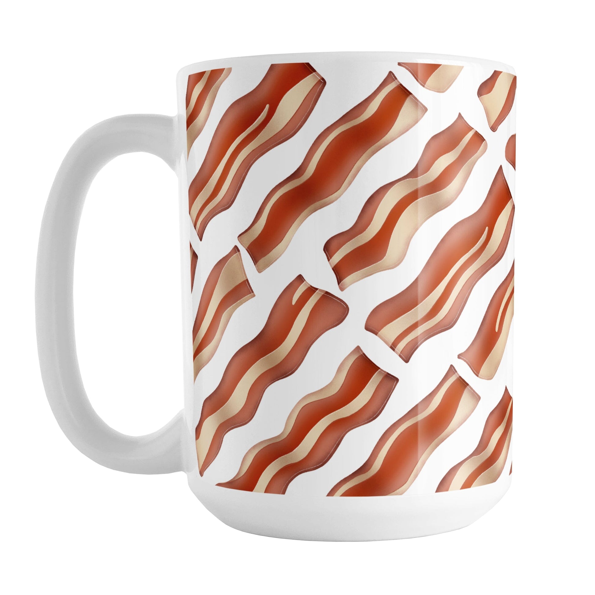 Bacon Pattern Mug (15oz) at Amy's Coffee Mugs. A ceramic coffee mug designed with a diagonal pattern of bacon strips that wraps around the mug to the handle. It's perfect for anyone who loves bacon and wants a breakfast-themed mug with their morning meal.