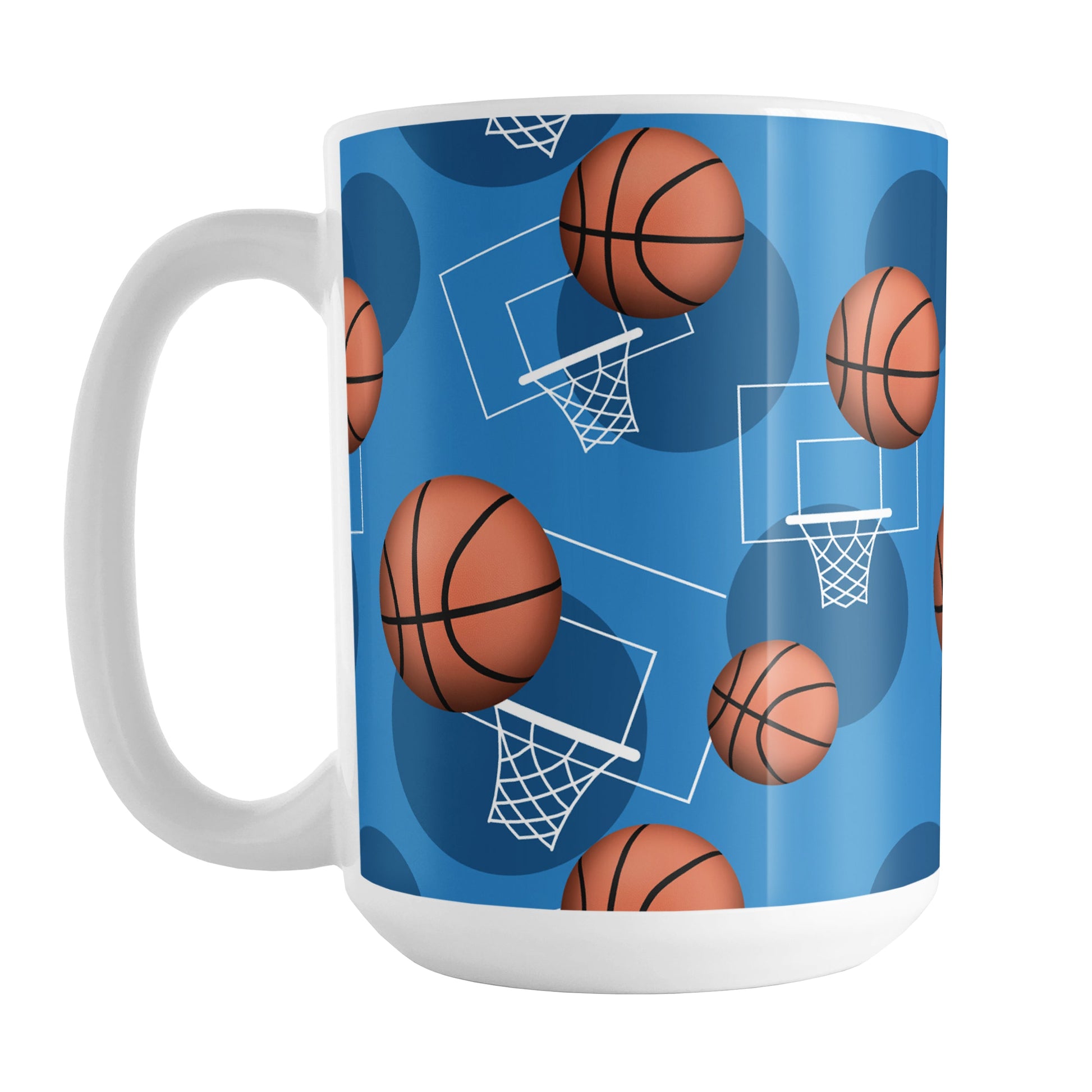 Basketball Themed Pattern - Blue Basketball Mug (15oz) at Amy's Coffee Mugs. A ceramic coffee mug designed with a sports themed pattern with basketballs and white hoops/nets over a blue colored background that wraps around the mug up to the handle.