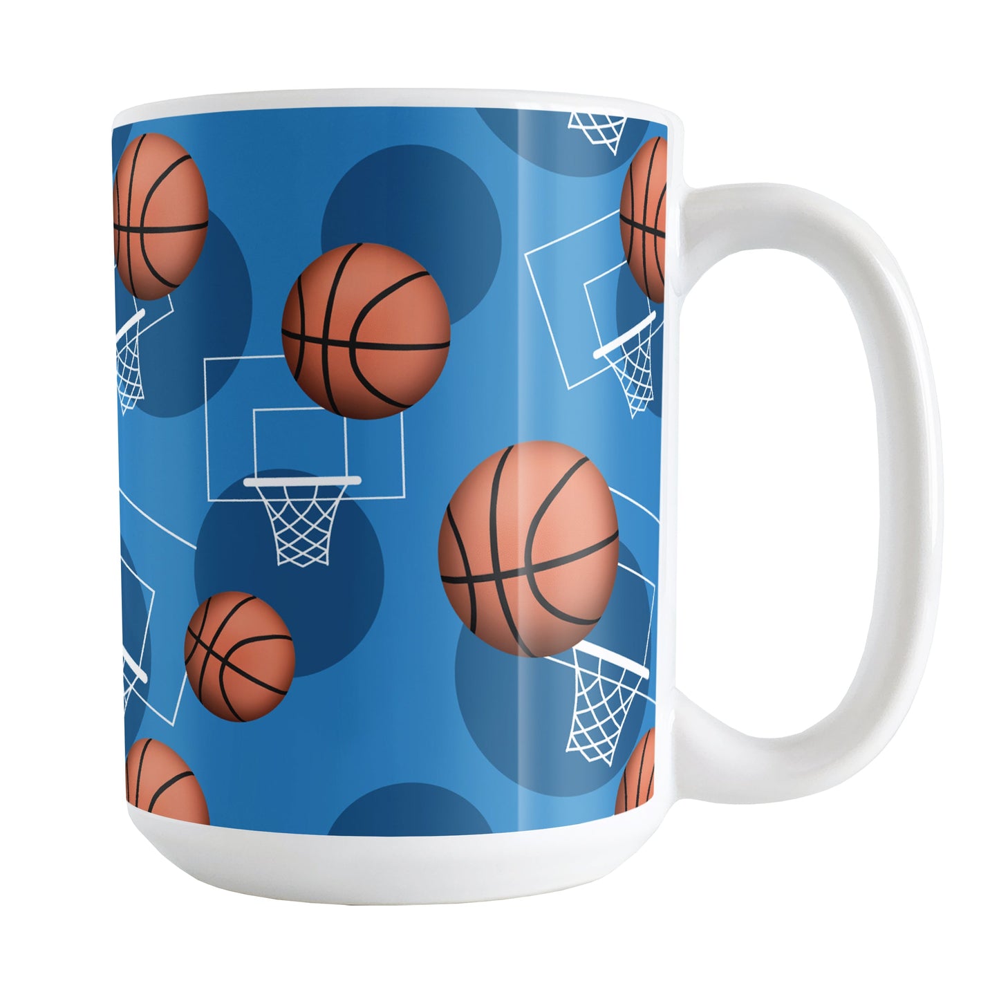 Basketball Themed Pattern - Blue Basketball Mug (15oz) at Amy's Coffee Mugs. A ceramic coffee mug designed with a sports themed pattern with basketballs and white hoops/nets over a blue colored background that wraps around the mug up to the handle.
