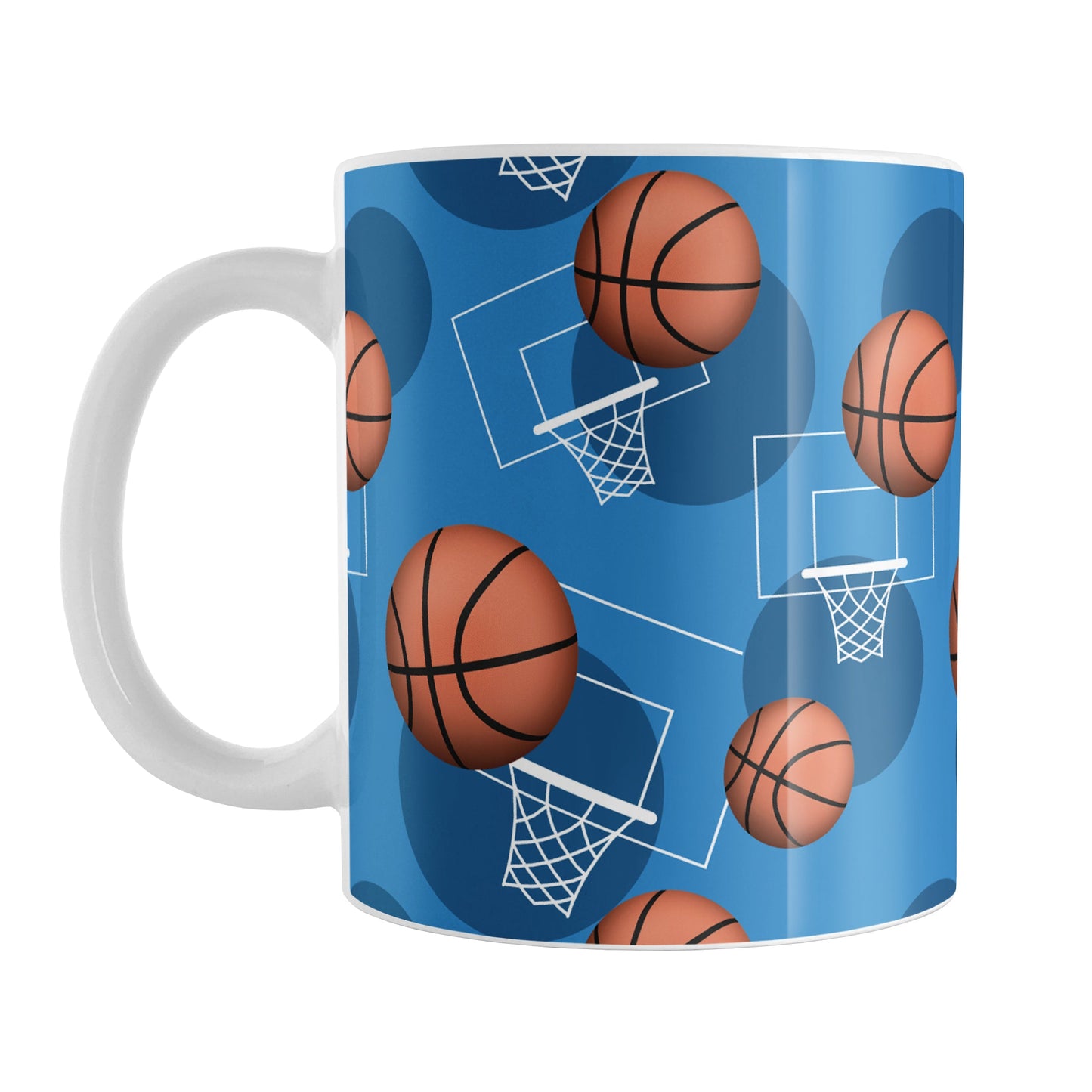 Basketball Themed Pattern - Blue Basketball Mug (11oz) at Amy's Coffee Mugs. A ceramic coffee mug designed with a sports themed pattern with basketballs and white hoops/nets over a blue colored background that wraps around the mug up to the handle.