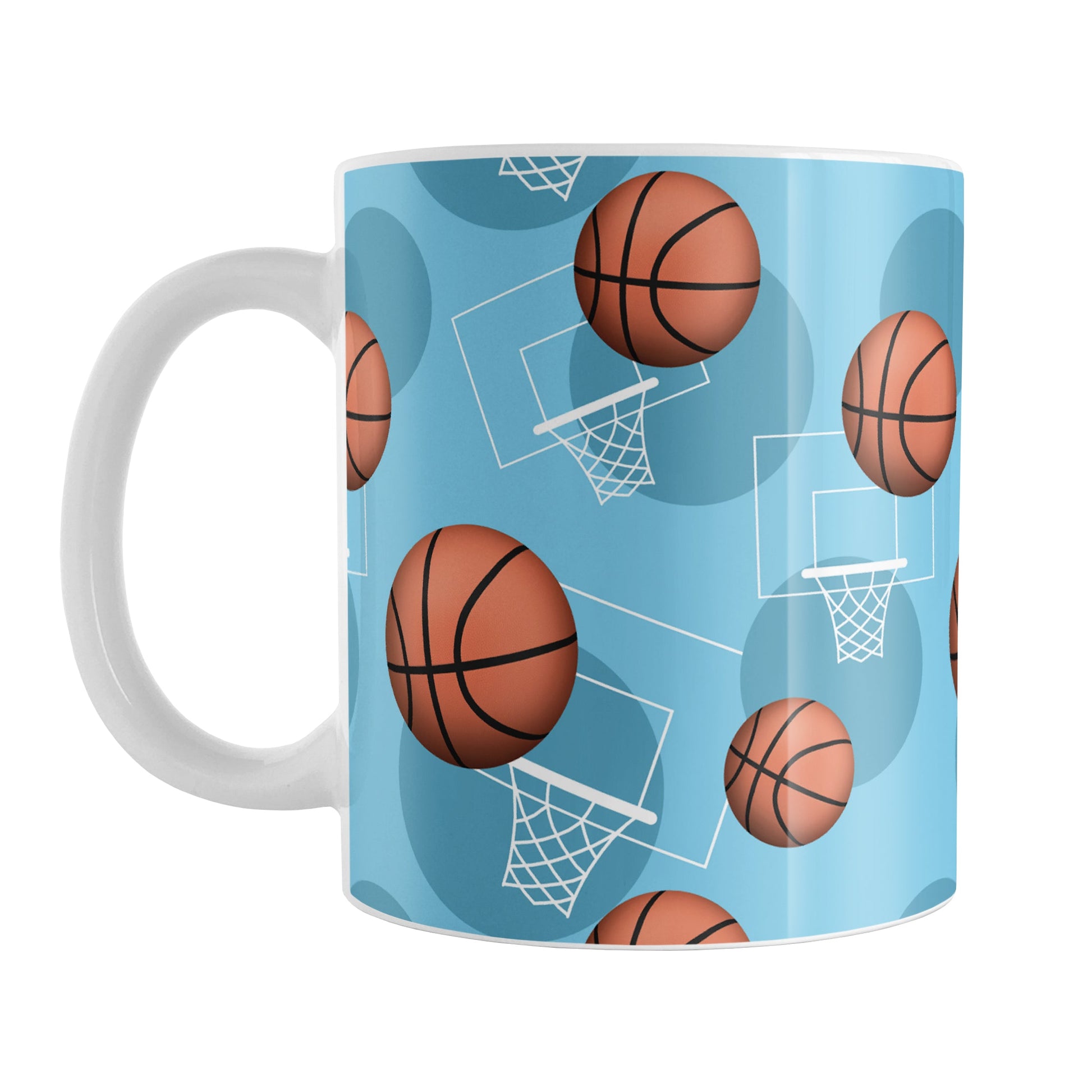 Basketball Themed Pattern - Light Blue Basketball Mug (11oz) at Amy's Coffee Mugs. A ceramic coffee mug designed with a sports themed pattern with basketballs and white hoops/nets over a light blue colored background that wraps around the mug up to the handle.