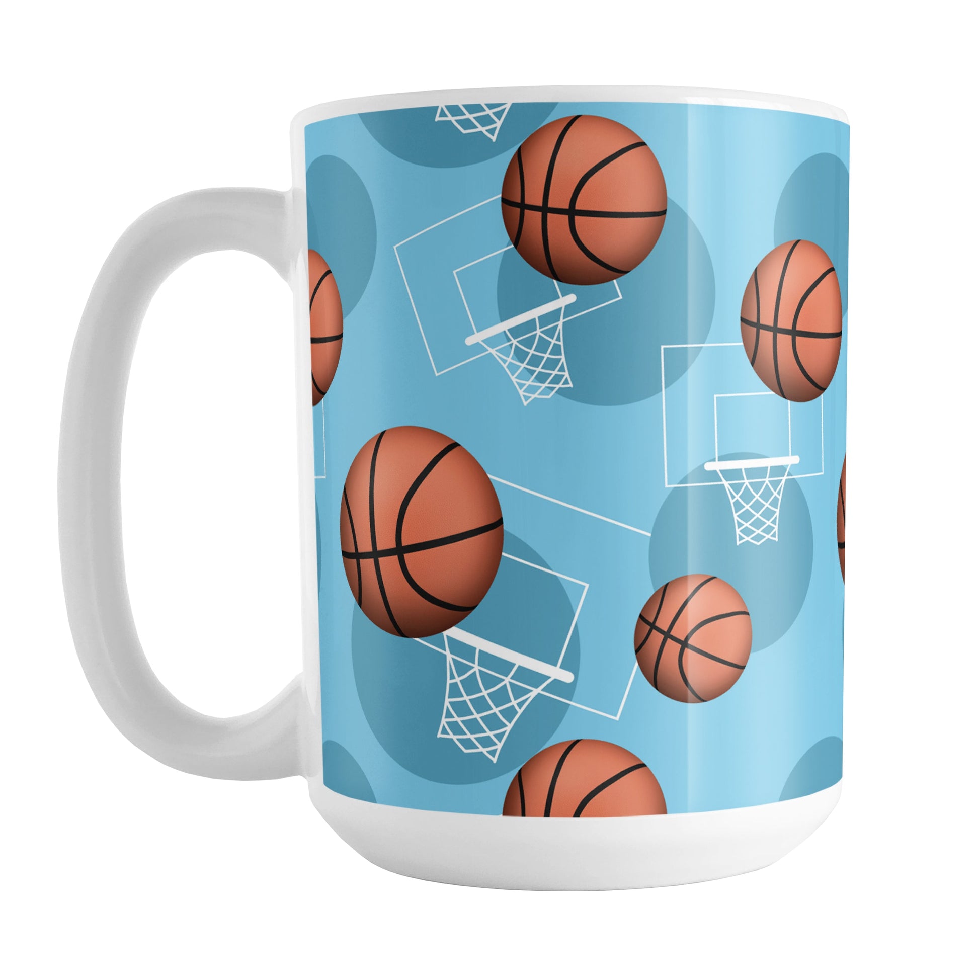 Basketball Themed Pattern - Light Blue Basketball Mug (15oz) at Amy's Coffee Mugs. A ceramic coffee mug designed with a sports themed pattern with basketballs and white hoops/nets over a light blue colored background that wraps around the mug up to the handle.