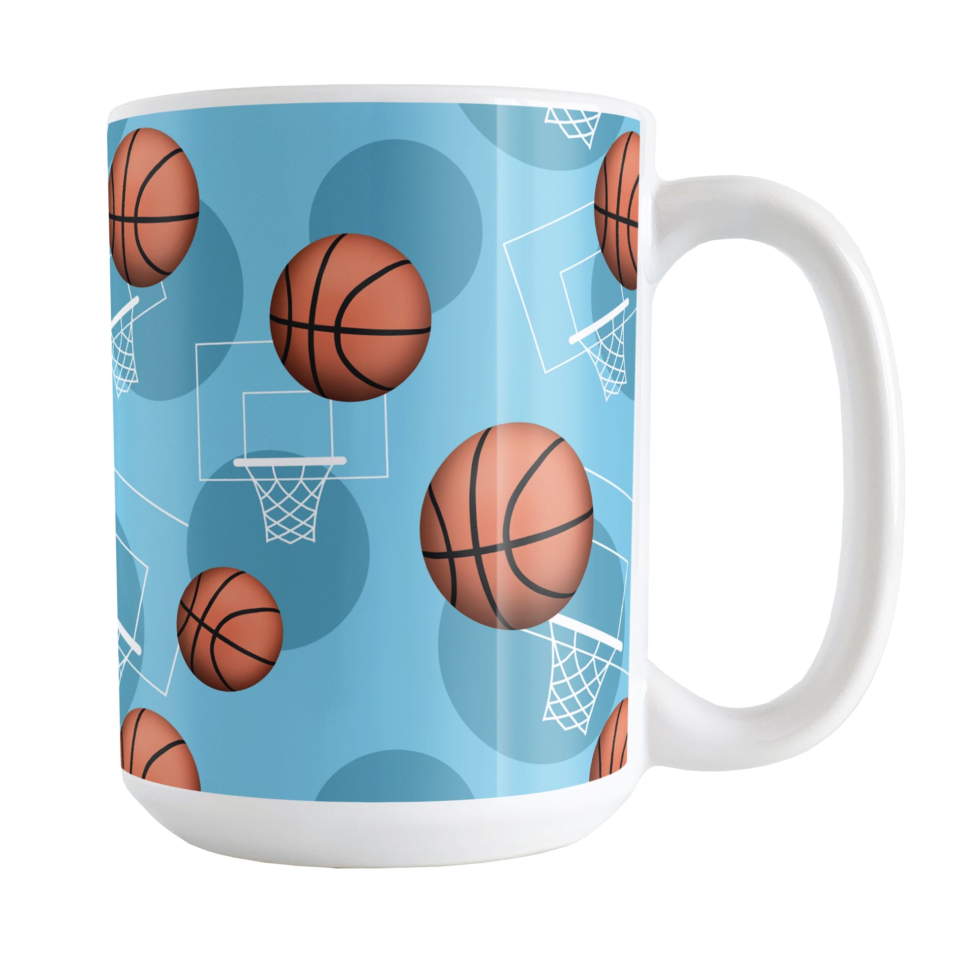 Basketball Themed Pattern - Light Blue Basketball Mug (15oz) at Amy's Coffee Mugs. A ceramic coffee mug designed with a sports themed pattern with basketballs and white hoops/nets over a light blue colored background that wraps around the mug up to the handle.