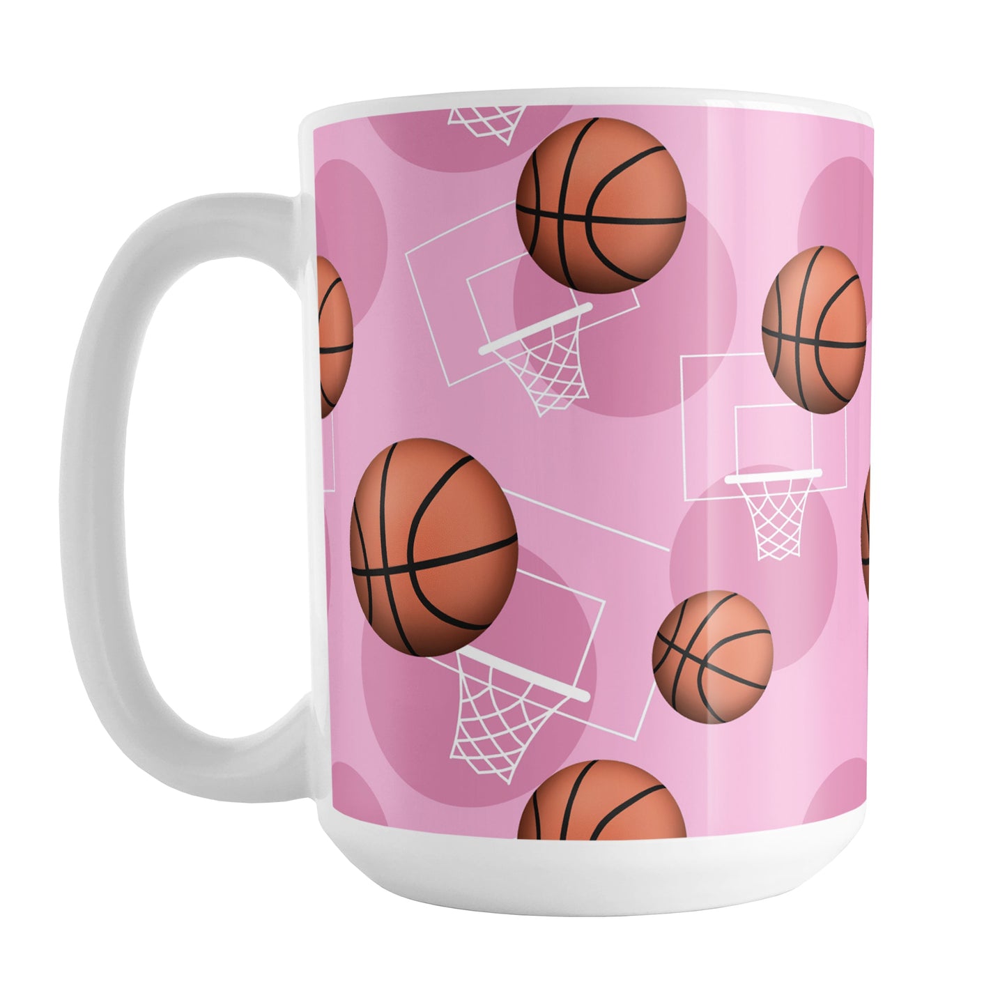 Basketball Themed Pattern - Pink Basketball Mug (15oz) at Amy's Coffee Mugs. A ceramic coffee mug designed with a sports themed pattern with basketballs and white hoops/nets over a pink colored background that wraps around the mug up to the handle.