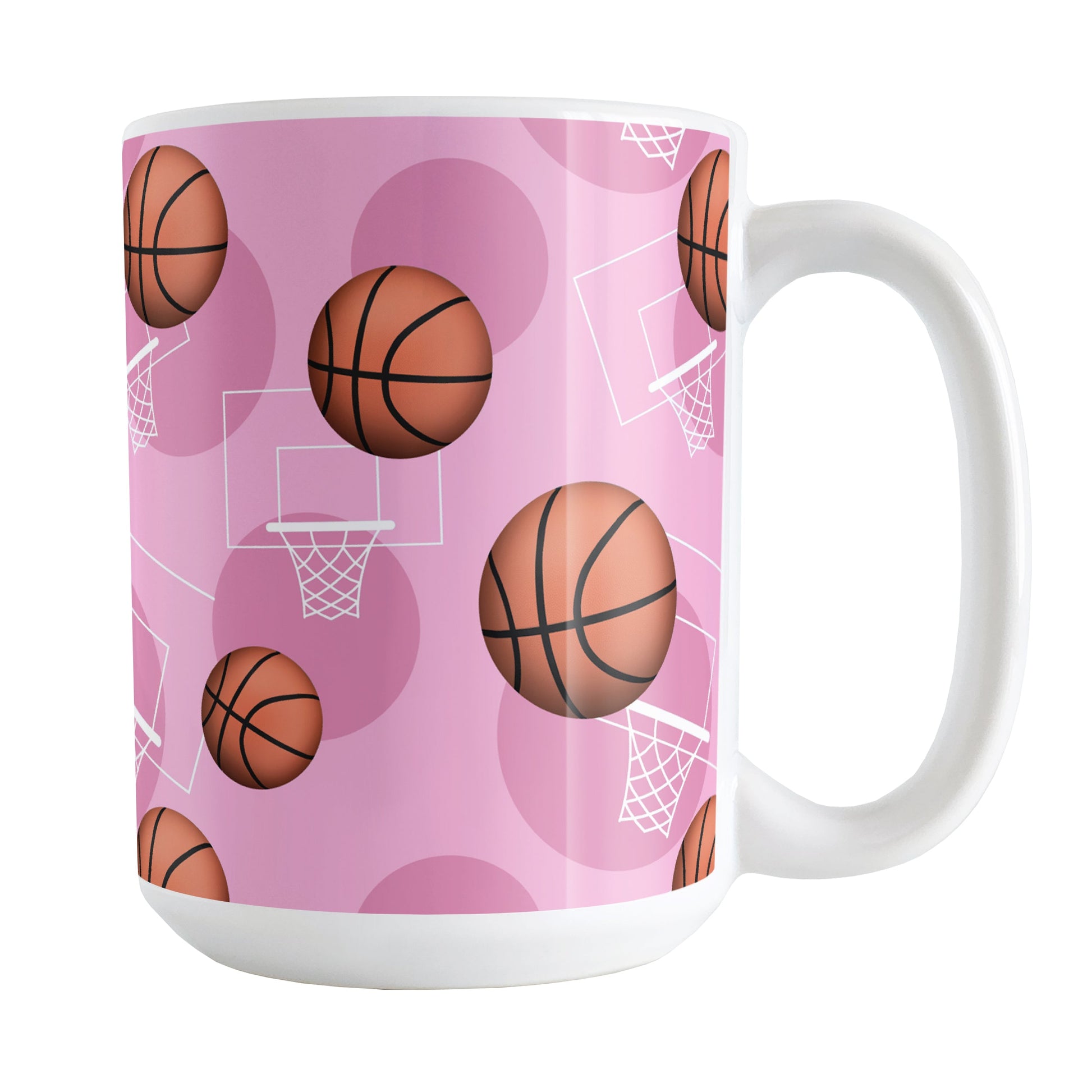Basketball Themed Pattern - Pink Basketball Mug (15oz) at Amy's Coffee Mugs. A ceramic coffee mug designed with a sports themed pattern with basketballs and white hoops/nets over a pink colored background that wraps around the mug up to the handle.