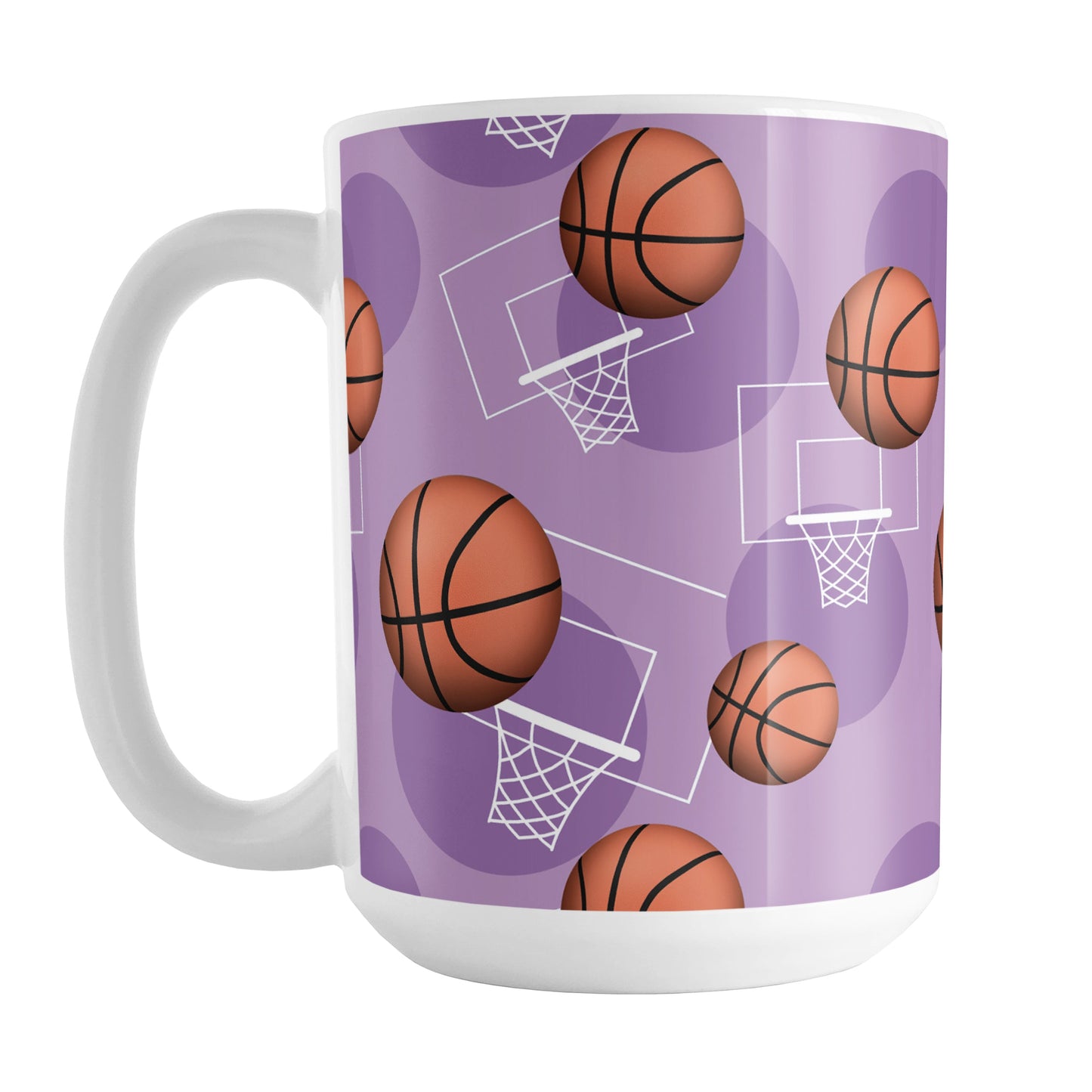 Purple Basketball Pattern Mug (15oz) at Amy's Coffee Mugs. A ceramic coffee mug designed with a sports themed pattern with basketballs and white hoops/nets over a purple colored background that wraps around the mug up to the handle.