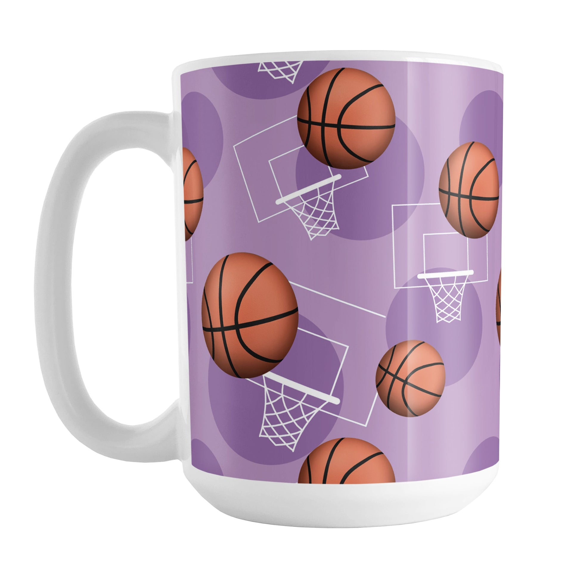 Purple Basketball Pattern Mug (15oz) at Amy's Coffee Mugs. A ceramic coffee mug designed with a sports themed pattern with basketballs and white hoops/nets over a purple colored background that wraps around the mug up to the handle.