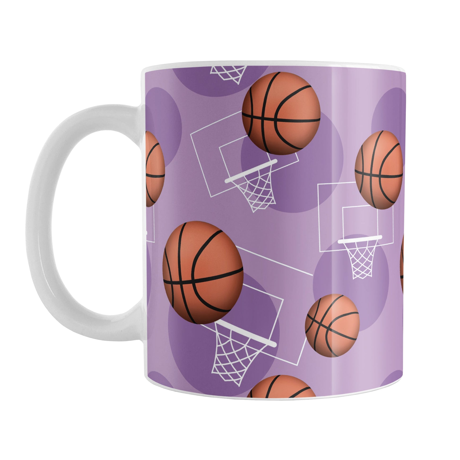 Purple Basketball Pattern Mug (11oz) at Amy's Coffee Mugs. A ceramic coffee mug designed with a sports themed pattern with basketballs and white hoops/nets over a purple colored background that wraps around the mug up to the handle.