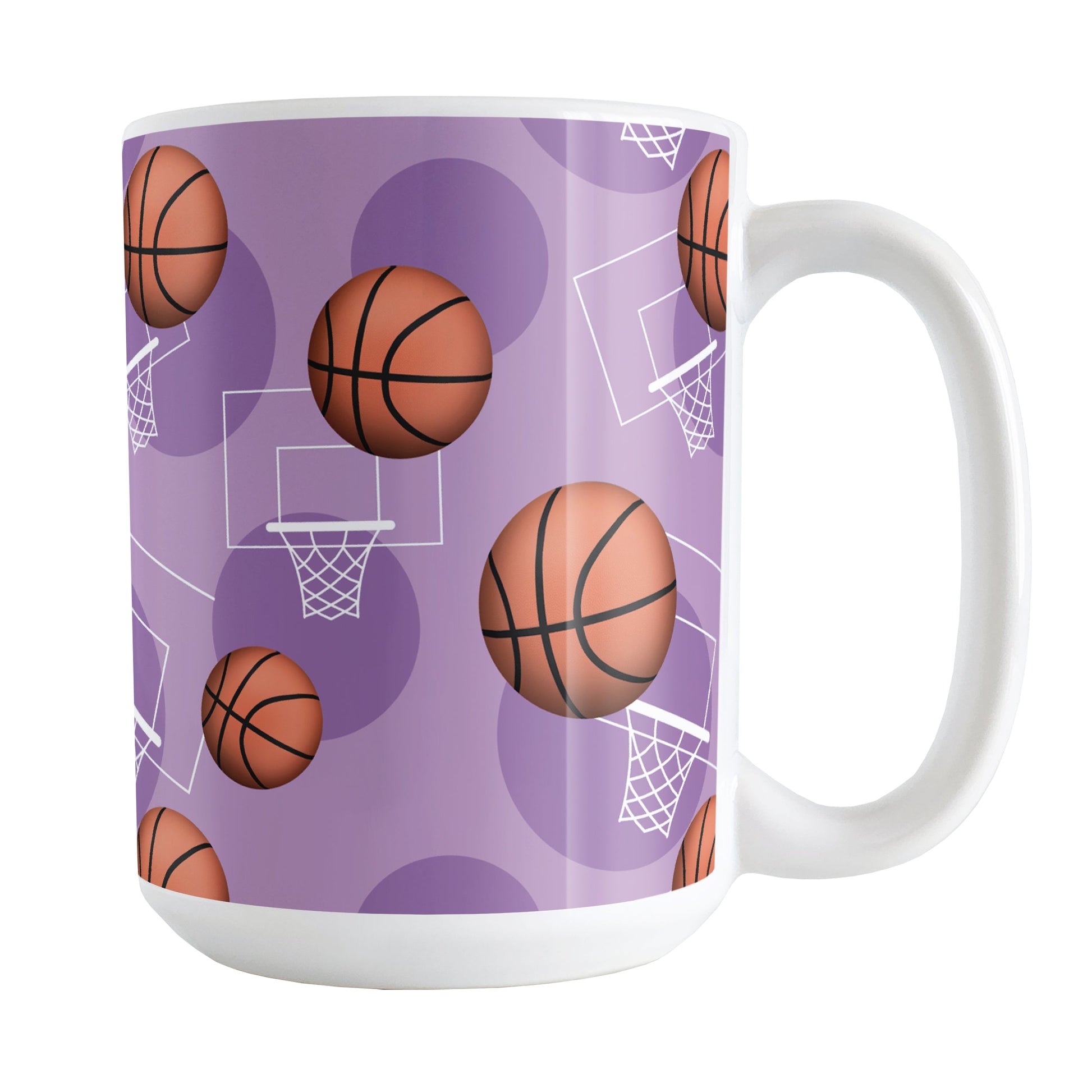 Purple Basketball Pattern Mug (15oz) at Amy's Coffee Mugs. A ceramic coffee mug designed with a sports themed pattern with basketballs and white hoops/nets over a purple colored background that wraps around the mug up to the handle.