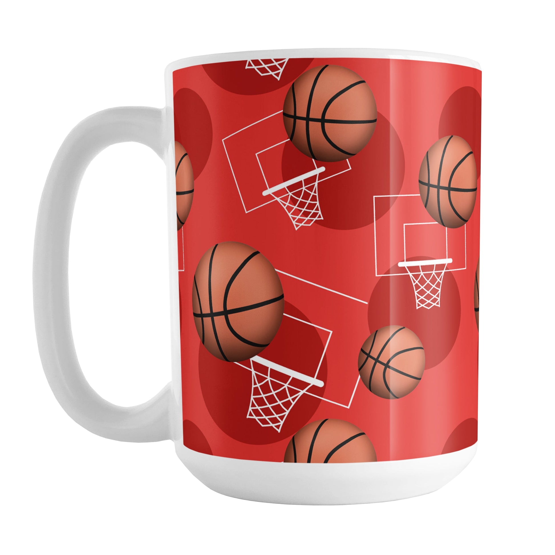 Basketball Themed Pattern - Red Basketball Mug (15oz) at Amy's Coffee Mugs. A ceramic coffee mug designed with a sports themed pattern with basketballs and white hoops/nets over a red colored background that wraps around the mug up to the handle.