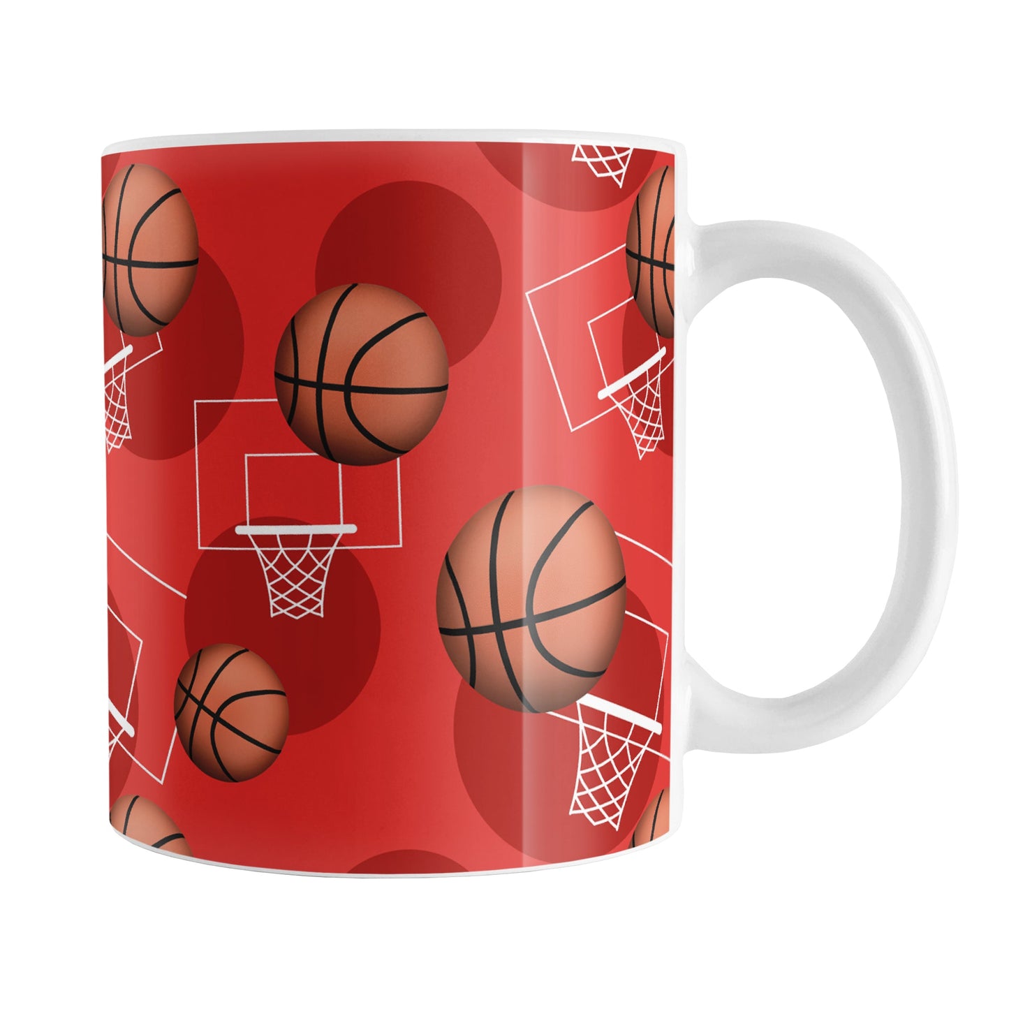 Basketball Themed Pattern - Red Basketball Mug (11oz) at Amy's Coffee Mugs. A ceramic coffee mug designed with a sports themed pattern with basketballs and white hoops/nets over a red colored background that wraps around the mug up to the handle.