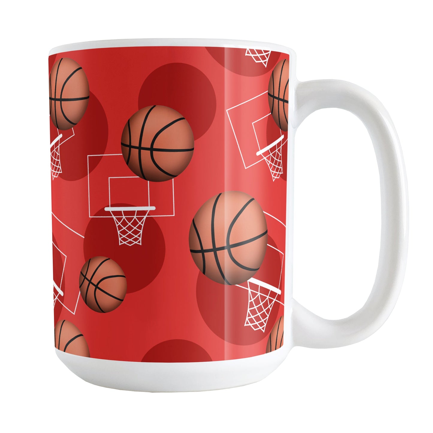 Basketball Themed Pattern - Red Basketball Mug (15oz) at Amy's Coffee Mugs. A ceramic coffee mug designed with a sports themed pattern with basketballs and white hoops/nets over a red colored background that wraps around the mug up to the handle.