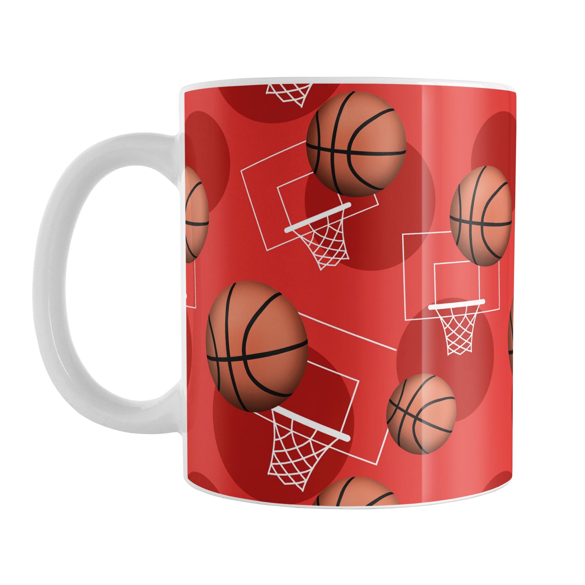 Basketball Themed Pattern - Red Basketball Mug (11oz) at Amy's Coffee Mugs. A ceramic coffee mug designed with a sports themed pattern with basketballs and white hoops/nets over a red colored background that wraps around the mug up to the handle.