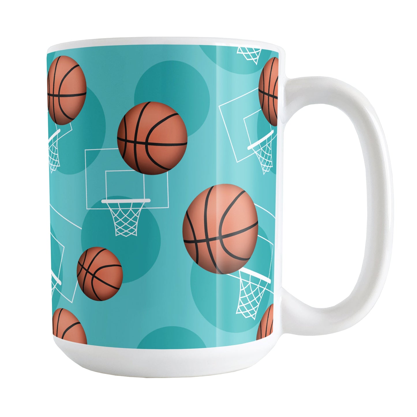 Basketball Themed Pattern - Teal Basketball Mug (15oz) at Amy's Coffee Mugs. A ceramic coffee mug designed with a sports themed pattern with basketballs and white hoops/nets over a teal colored background that wraps around the mug up to the handle.