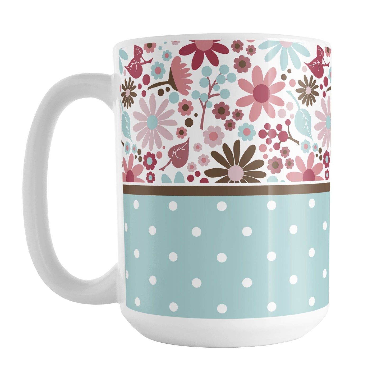 Berry Blue Summer Flowers Polka Dot Mug (15oz) at Amy's Coffee Mugs. A ceramic coffee mug designed with a pretty floral pattern in a gorgeous berry pink color palette, with light blue and brown along the top, and a light blue polka dot pattern along the bottom. These patterns wrap around the mug to the handle.