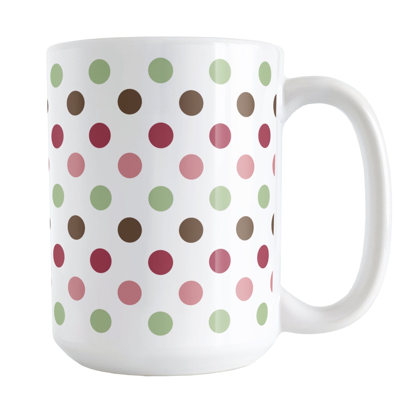 Berry Green Polka Dots Mug (15oz) at Amy's Coffee Mugs. A ceramic coffee mug designed with a polka dots pattern in a gorgeous color combination of berry pink hues, green, and brown over white. This pattern wraps around the mug up to the handle.