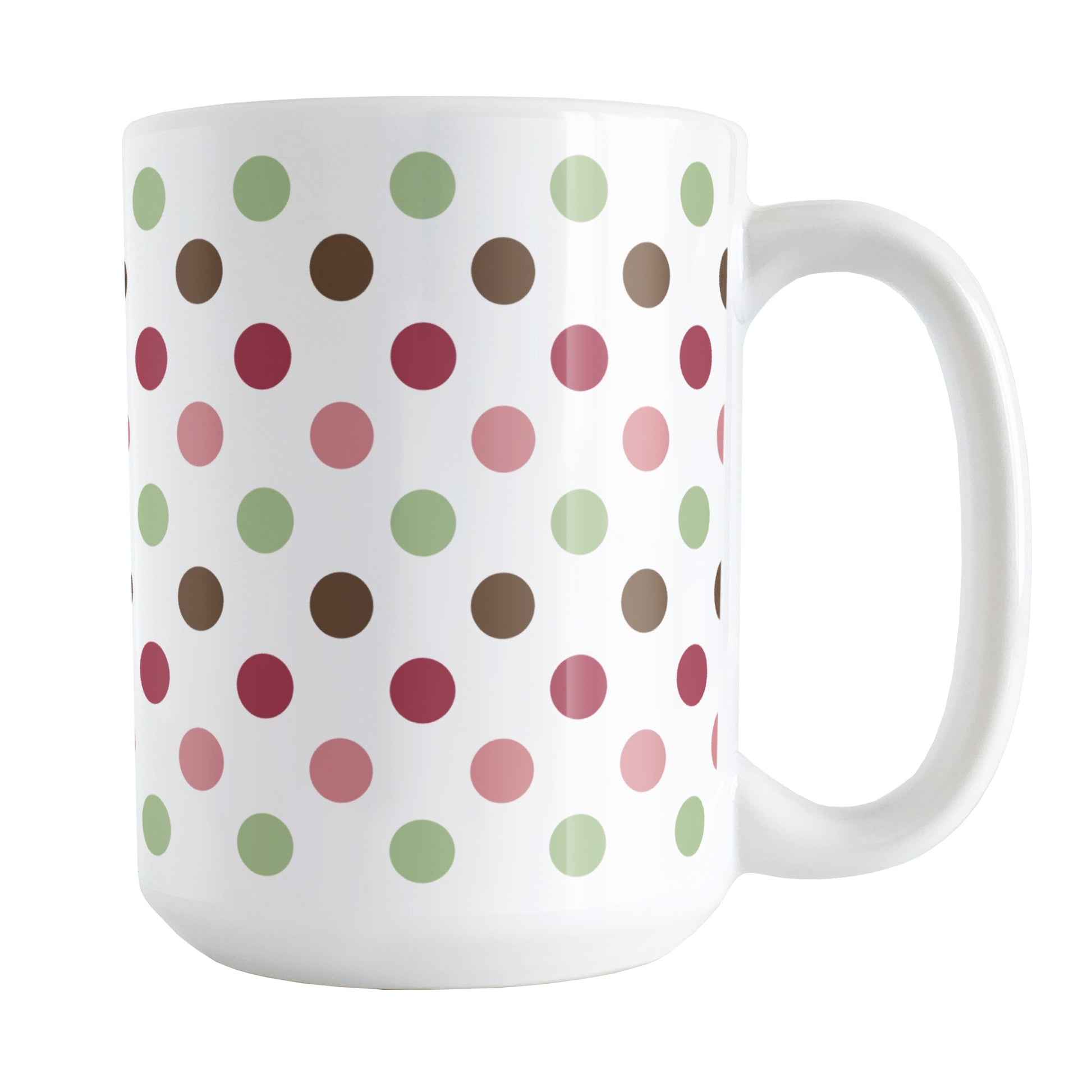 Berry Green Polka Dots Mug (15oz) at Amy's Coffee Mugs. A ceramic coffee mug designed with a polka dots pattern in a gorgeous color combination of berry pink hues, green, and brown over white. This pattern wraps around the mug up to the handle.
