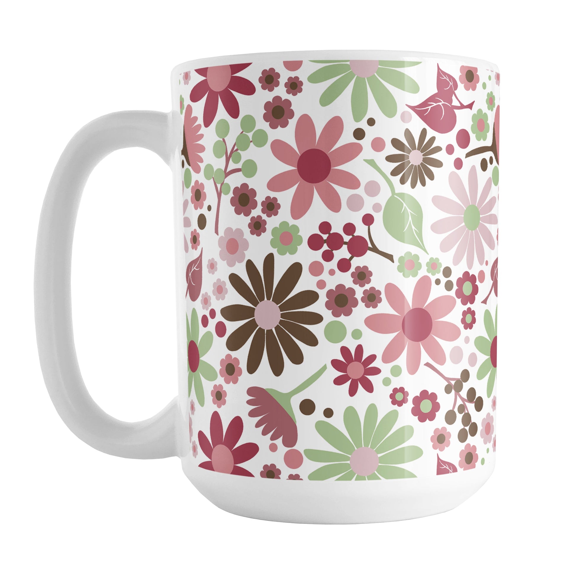Berry Green Summer Flowers Mug (15oz) at Amy's Coffee Mugs. A ceramic coffee mugs designed with a lovely summer flowers pattern in beautiful berry pink hues, accented with green and brown, that wraps around the mug to the handle.