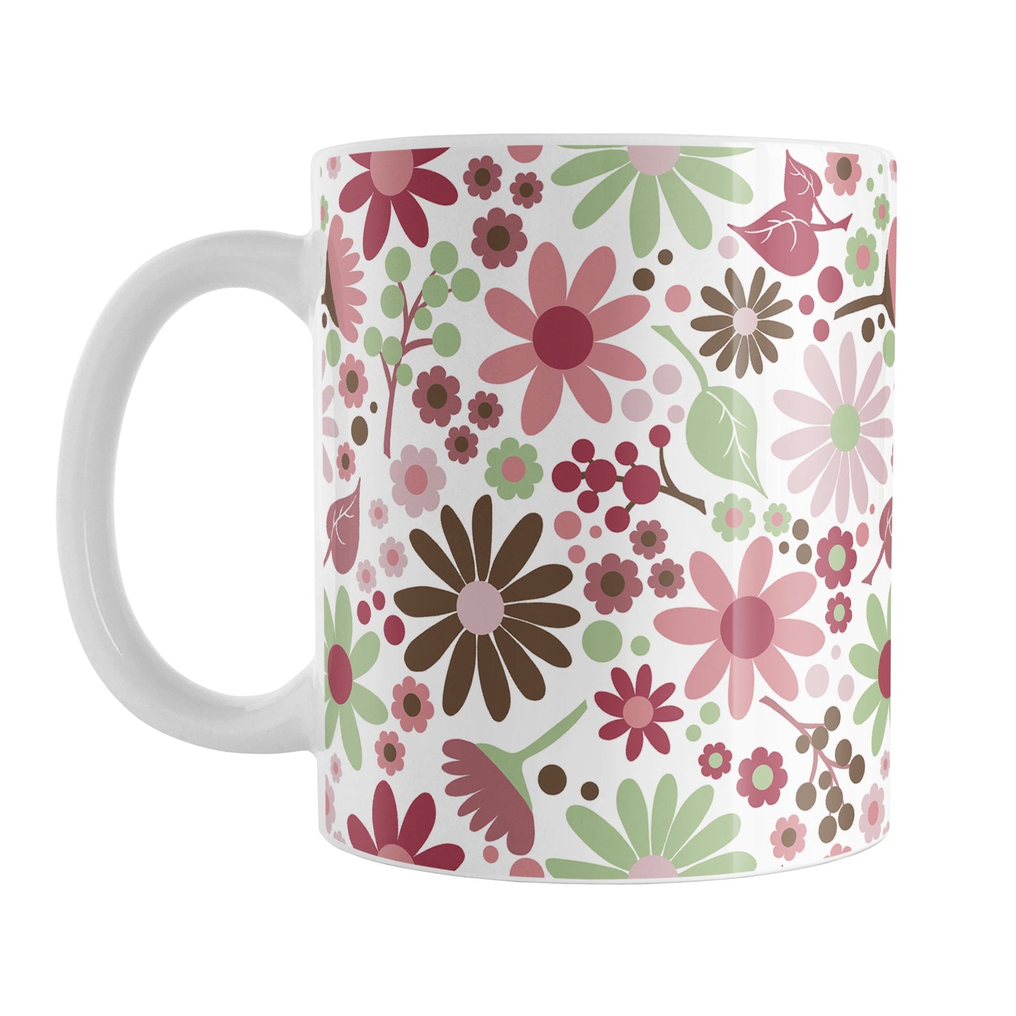Berry Green Summer Flowers Mug (11oz) at Amy's Coffee Mugs. A ceramic coffee mugs designed with a lovely summer flowers pattern in beautiful berry pink hues, accented with green and brown, that wraps around the mug to the handle.