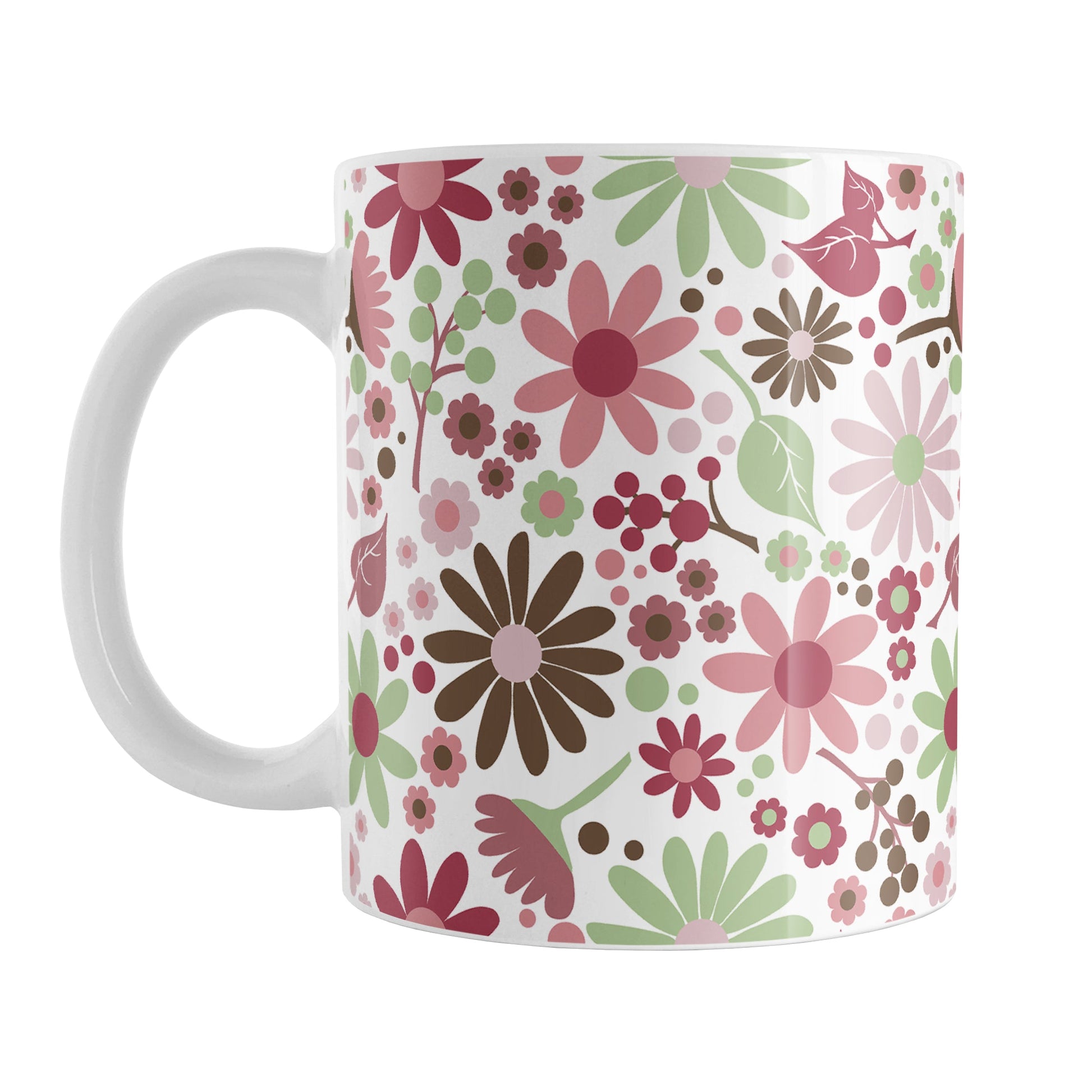 Berry Green Summer Flowers Mug (11oz) at Amy's Coffee Mugs. A ceramic coffee mugs designed with a lovely summer flowers pattern in beautiful berry pink hues, accented with green and brown, that wraps around the mug to the handle.