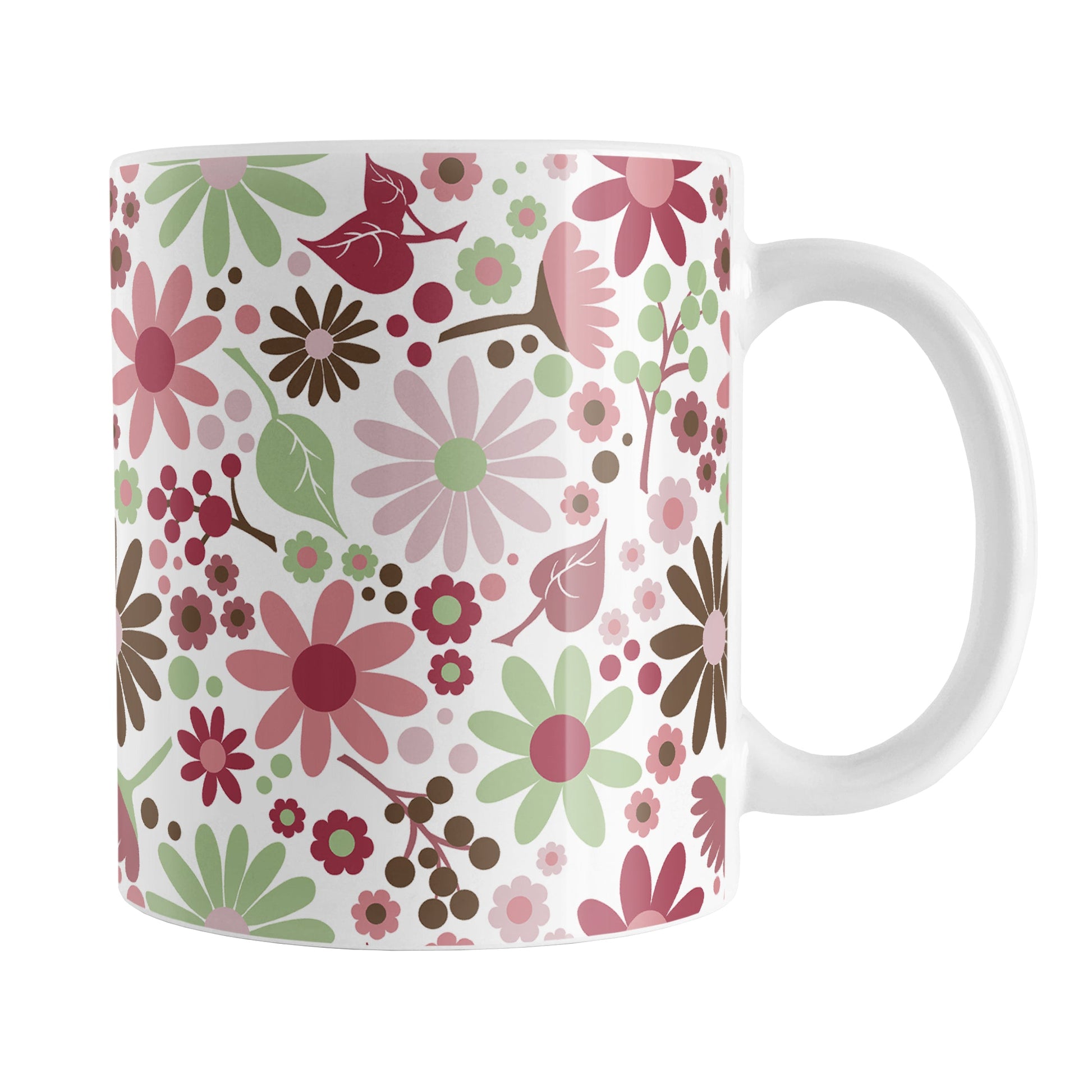Berry Green Summer Flowers Mug (11oz) at Amy's Coffee Mugs. A ceramic coffee mugs designed with a lovely summer flowers pattern in beautiful berry pink hues, accented with green and brown, that wraps around the mug to the handle.