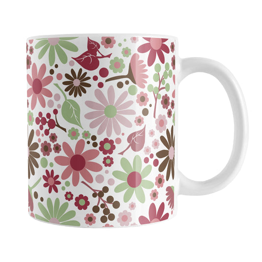 Berry Green Summer Flowers Mug (11oz) at Amy's Coffee Mugs. A ceramic coffee mugs designed with a lovely summer flowers pattern in beautiful berry pink hues, accented with green and brown, that wraps around the mug to the handle.