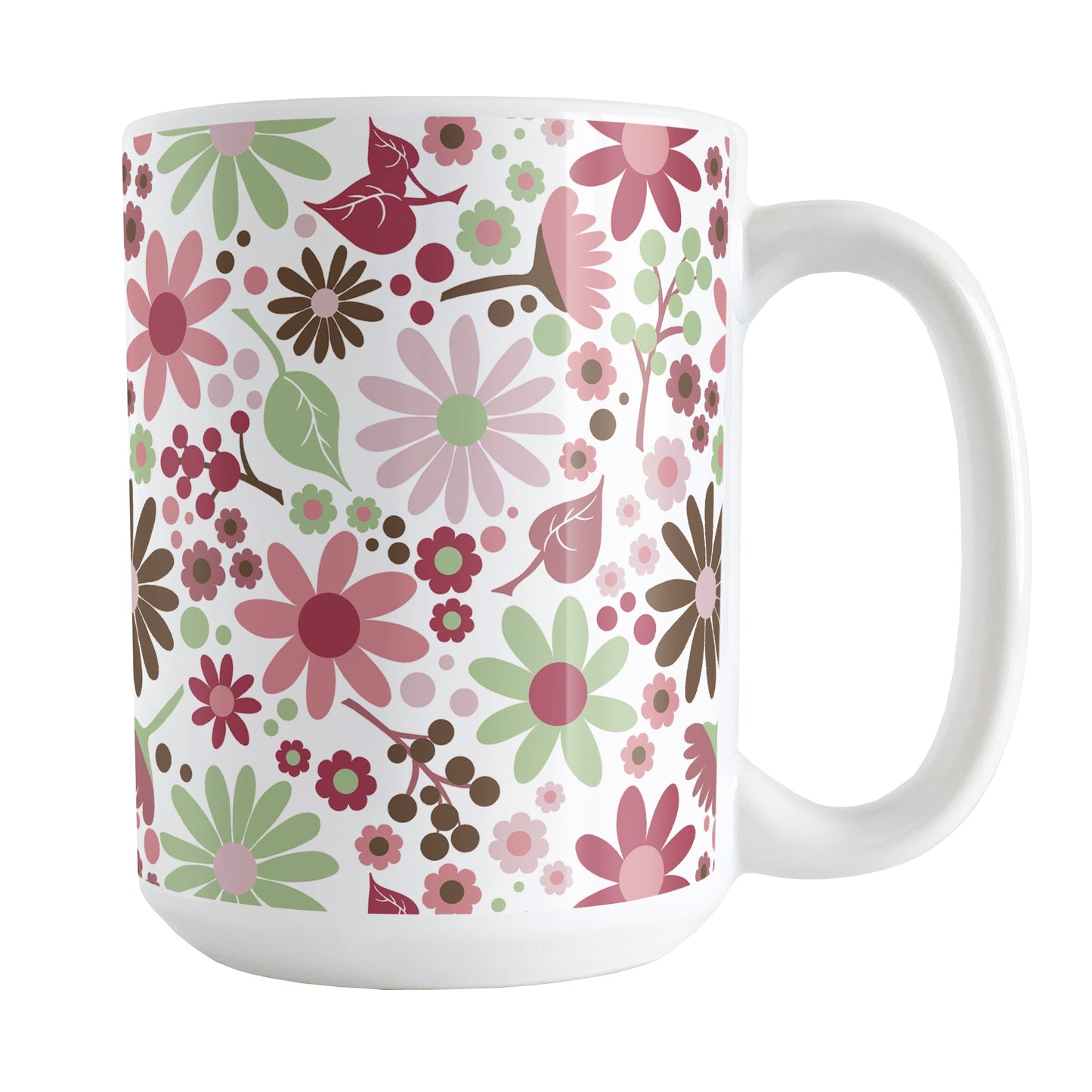 Berry Green Summer Flowers Mug (15oz) at Amy's Coffee Mugs. A ceramic coffee mugs designed with a lovely summer flowers pattern in beautiful berry pink hues, accented with green and brown, that wraps around the mug to the handle.