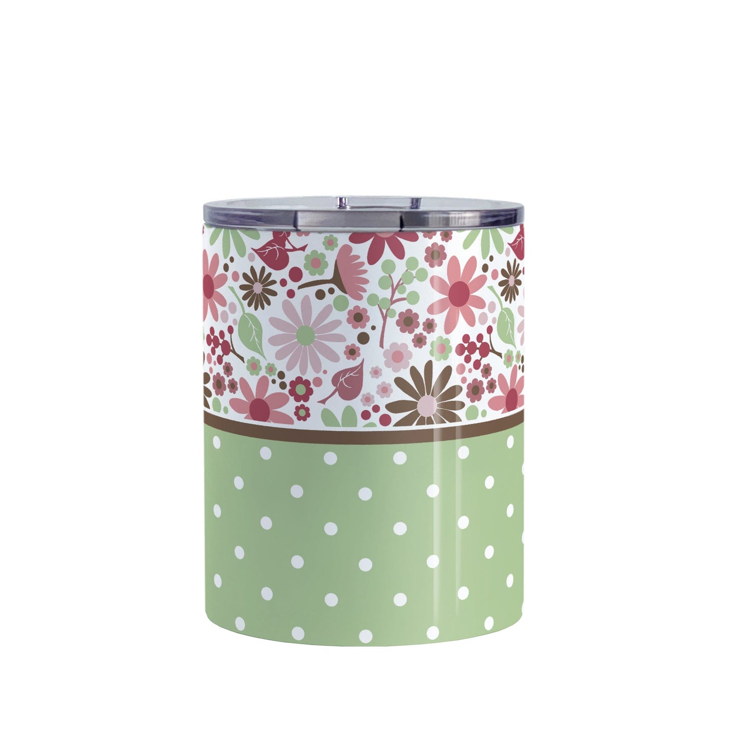 Berry Green Summer Flowers Polka Dot Tumbler Cup (10oz) at Amy's Coffee Mugs. A stainless steel tumbler cup designed with a pretty floral pattern in a gorgeous berry pink color palette with sage green and brown along the top, and a sage green polka dot pattern along the bottom. These patterns wrap around the cup.