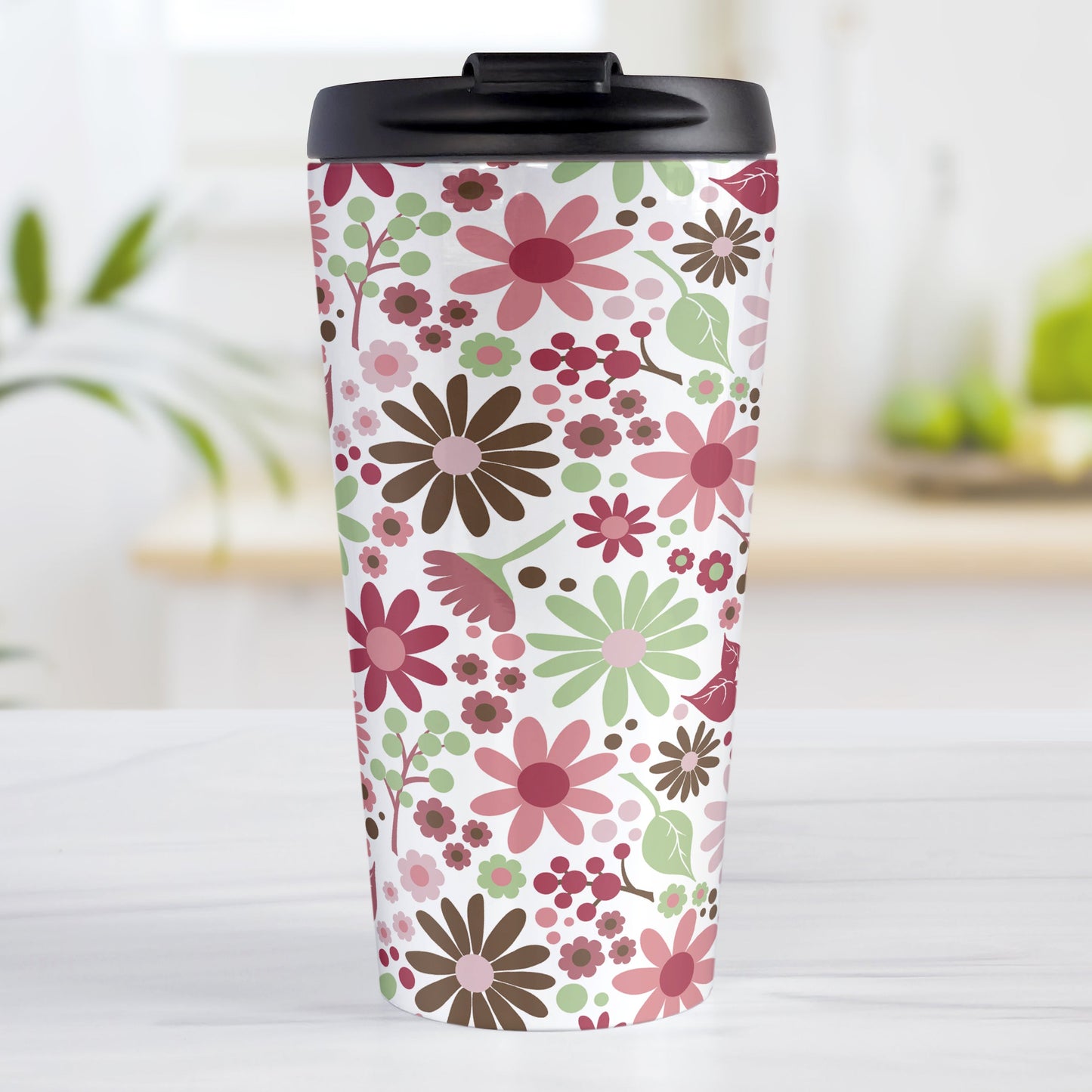 Berry Green Summer Flowers Travel Mug (15oz, stainless steel insulated) at Amy's Coffee Mugs. A travel mug designed with a lovely summer flowers pattern in beautiful berry pink hues, accented with green and brown, that wraps around the travel mug.