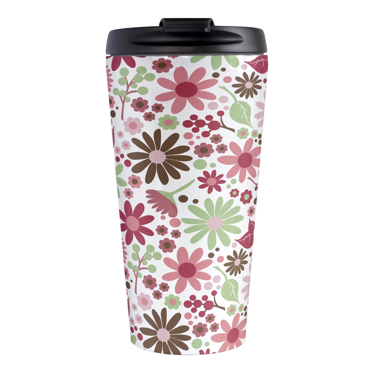 Berry Green Summer Flowers Travel Mug (15oz, stainless steel insulated) at Amy's Coffee Mugs. A travel mug designed with a lovely summer flowers pattern in beautiful berry pink hues, accented with green and brown, that wraps around the travel mug.