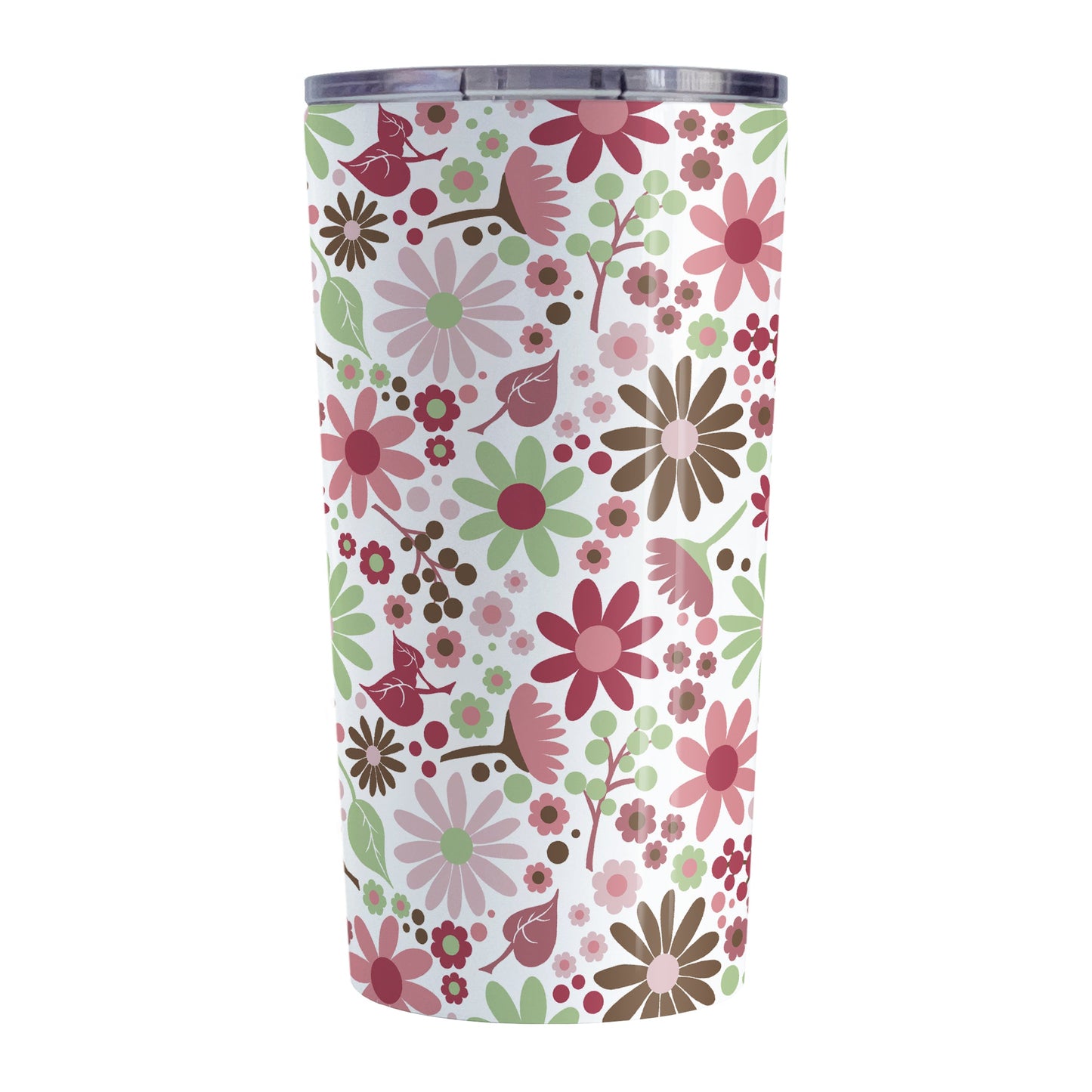 Berry Green Summer Flowers Tumbler Cup (20oz, stainless steel insulated) at Amy's Coffee Mugs. A tumbler cup designed with a lovely summer flowers pattern in beautiful berry pink hues, accented with green and brown, that wraps around the cup.