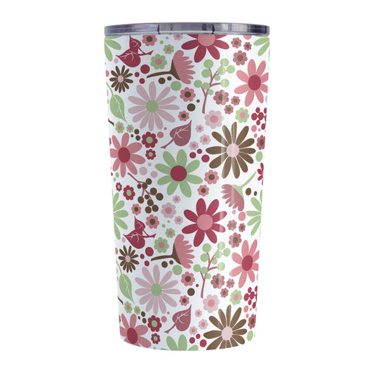 Berry Green Summer Flowers Tumbler Cup (20oz, stainless steel insulated) at Amy's Coffee Mugs. A tumbler cup designed with a lovely summer flowers pattern in beautiful berry pink hues, accented with green and brown, that wraps around the cup.
