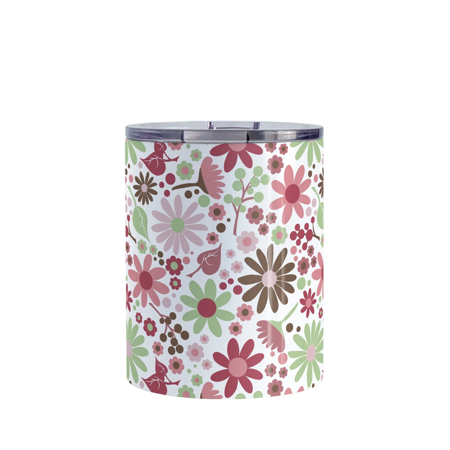 Berry Green Summer Flowers Tumbler Cup (10oz, stainless steel insulated) at Amy's Coffee Mugs. A tumbler cup designed with a lovely summer flowers pattern in beautiful berry pink hues, accented with green and brown, that wraps around the cup.