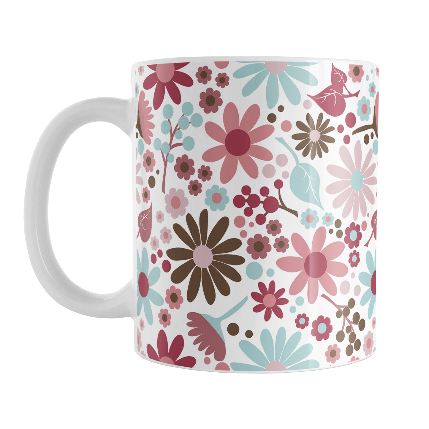 Berry Summer Flowers Mug (11oz) at Amy's Coffee Mugs. A ceramic coffee mugs designed with a lovely summer flowers pattern in beautiful berry pink hues, accented with aqua blue and brown, that wraps around the mug to the handle.