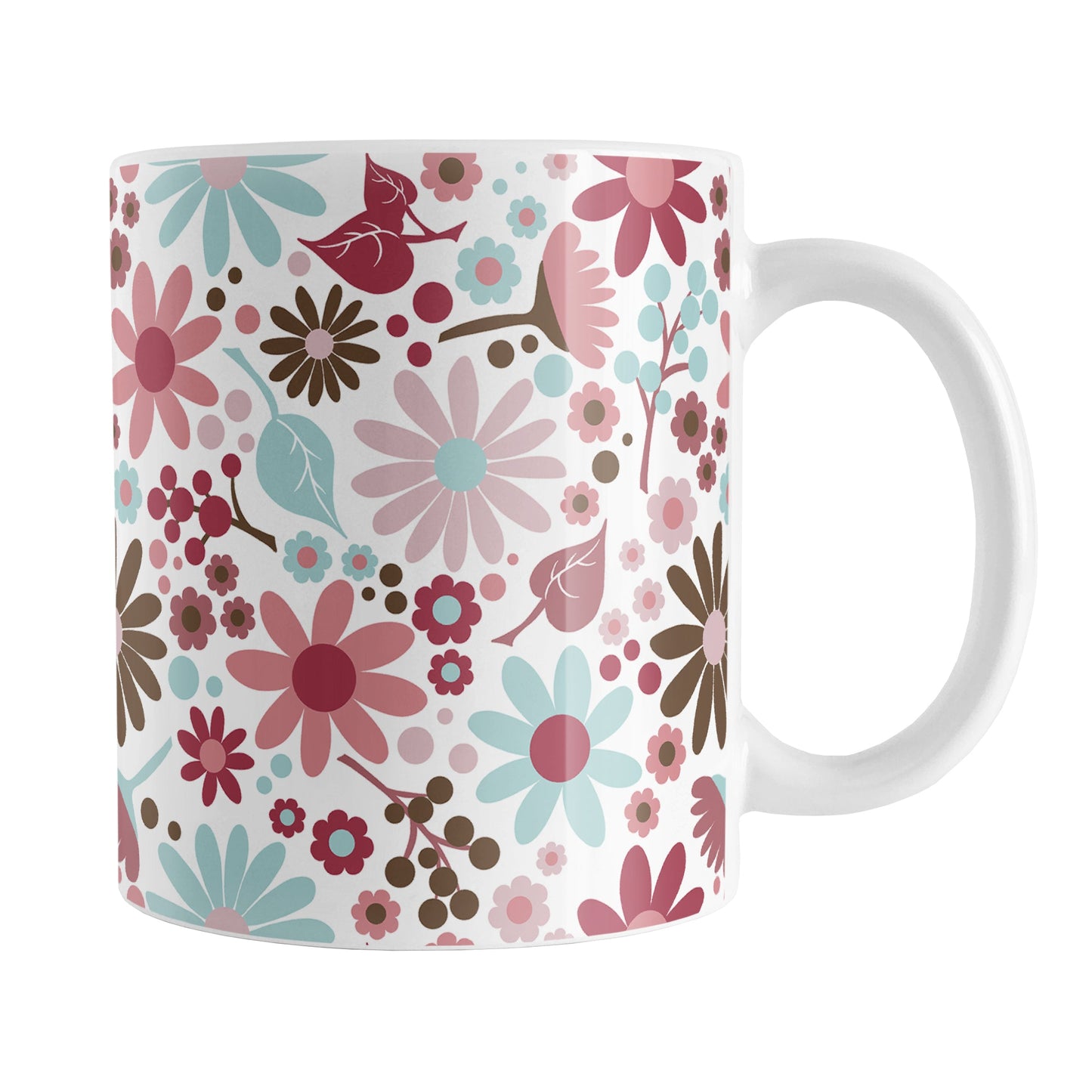 Berry Summer Flowers Mug (11oz) at Amy's Coffee Mugs. A ceramic coffee mugs designed with a lovely summer flowers pattern in beautiful berry pink hues, accented with aqua blue and brown, that wraps around the mug to the handle.