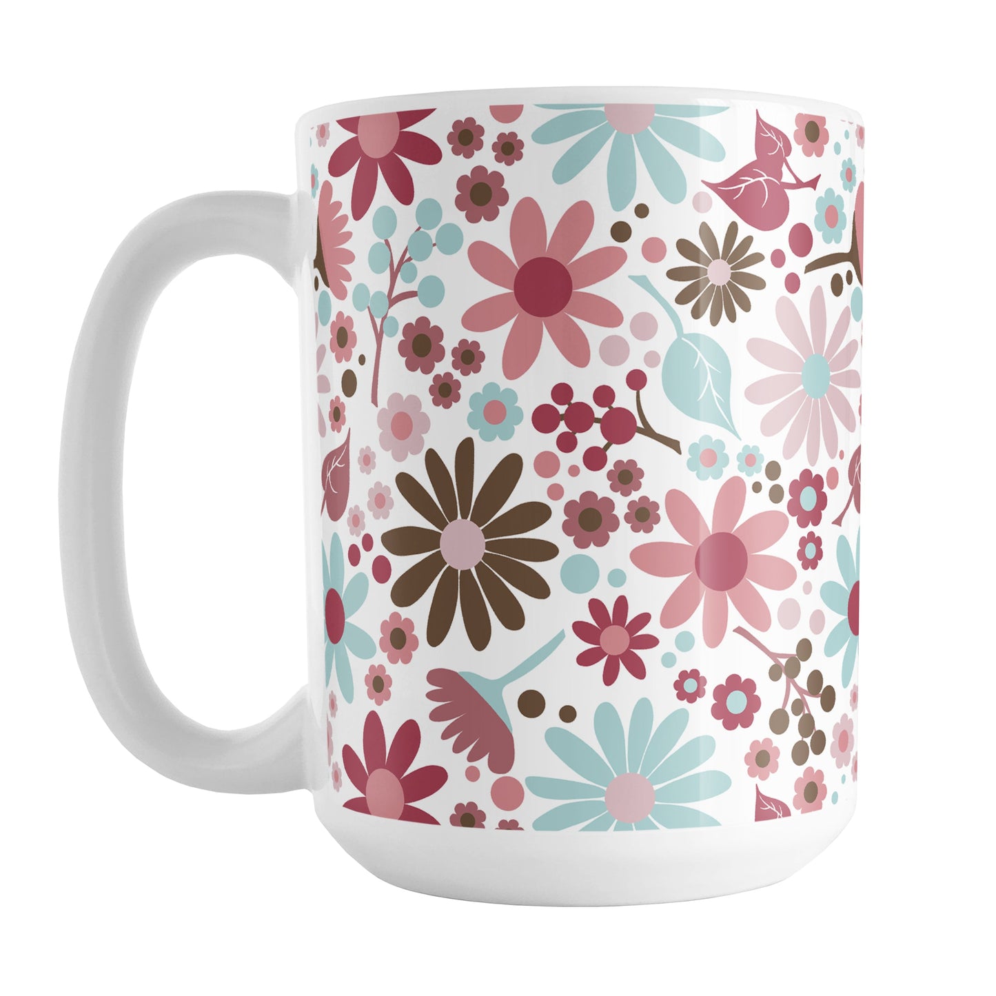 Berry Summer Flowers Mug (15oz) at Amy's Coffee Mugs. A ceramic coffee mugs designed with a lovely summer flowers pattern in beautiful berry pink hues, accented with aqua blue and brown, that wraps around the mug to the handle.