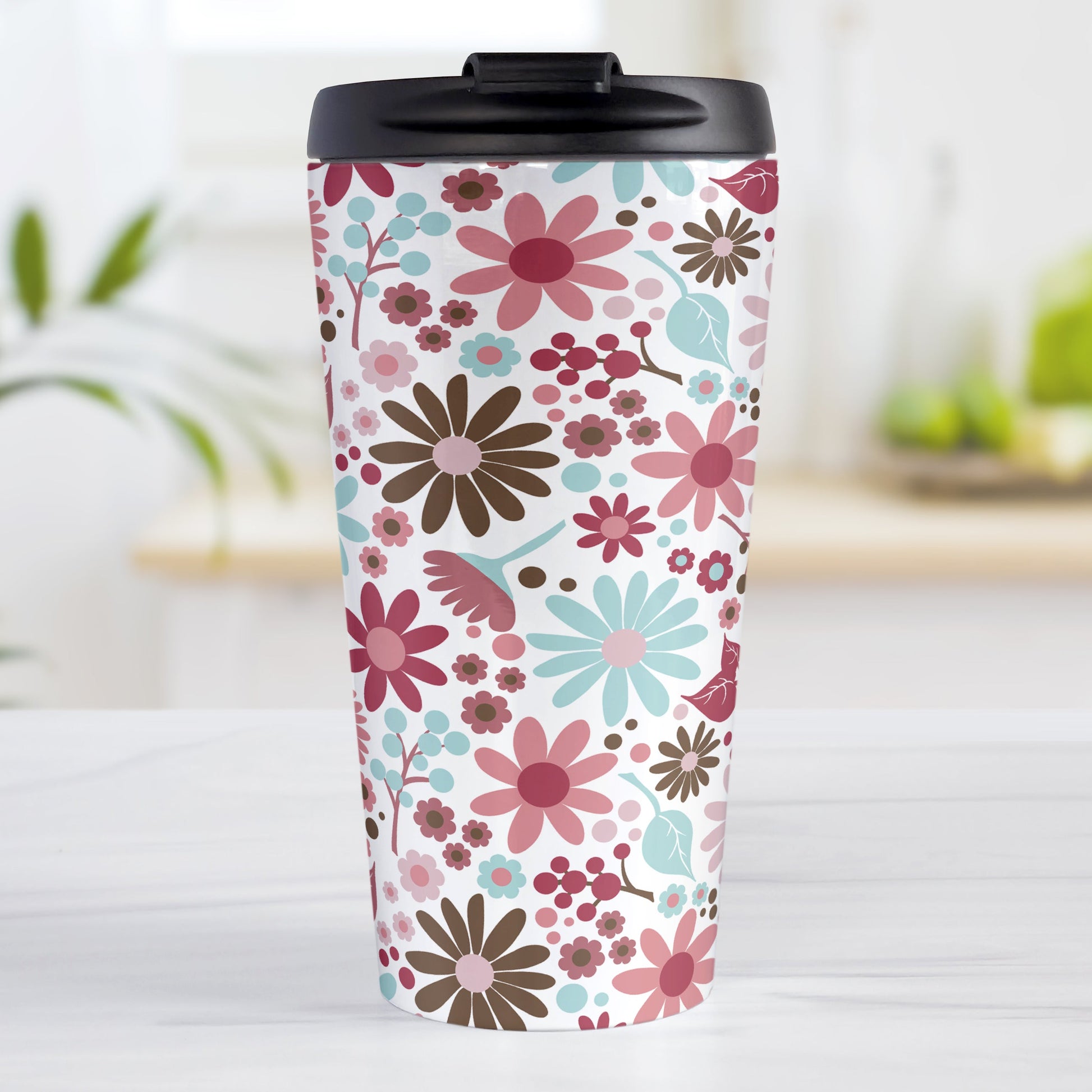 Berry Summer Flowers Travel Mug (15oz, stainless steel insulated) at Amy's Coffee Mugs. A travel mug designed with a lovely summer flowers pattern in beautiful berry pink hues, accented with aqua blue and brown, that wraps around the travel mug.