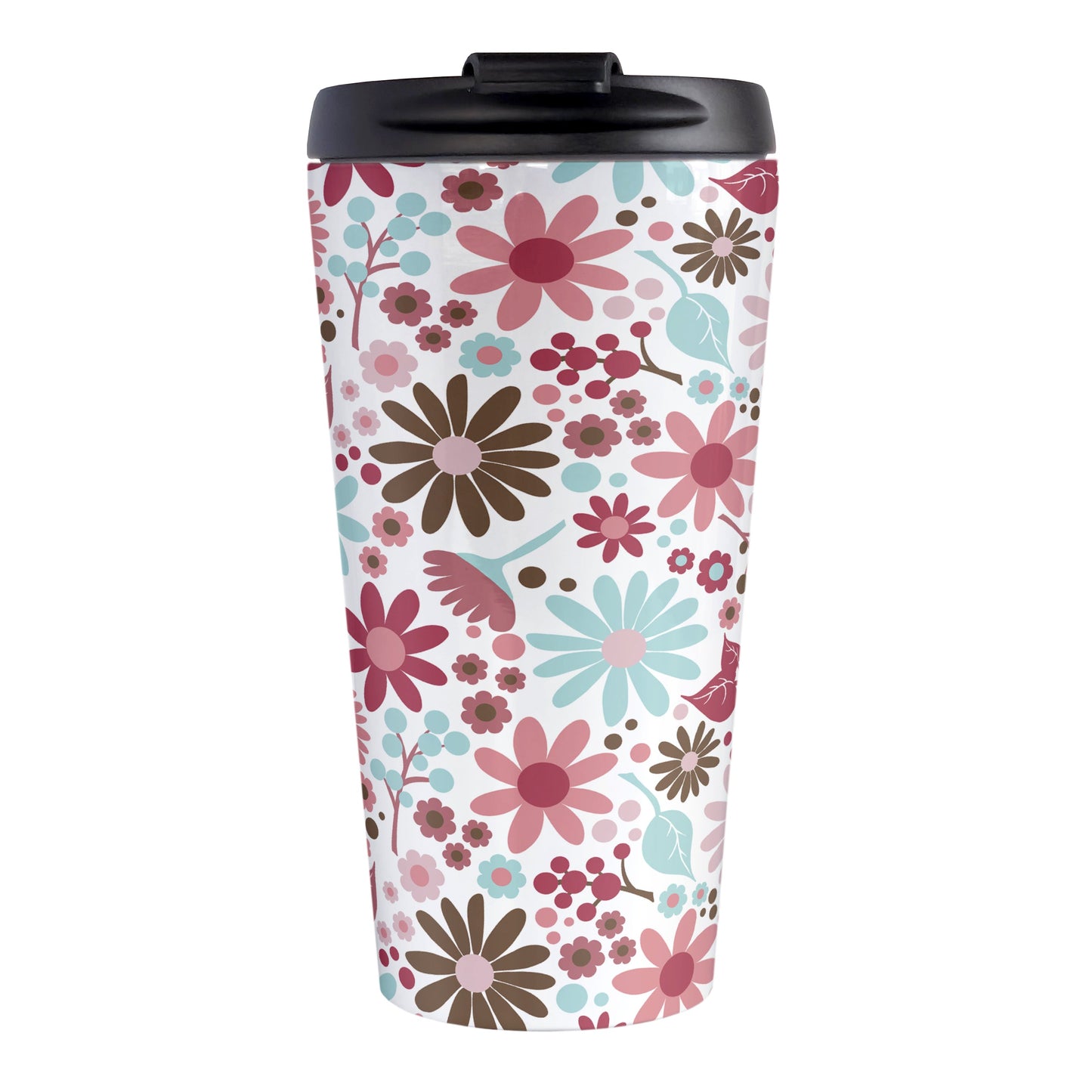 Berry Summer Flowers Travel Mug (15oz, stainless steel insulated) at Amy's Coffee Mugs. A travel mug designed with a lovely summer flowers pattern in beautiful berry pink hues, accented with aqua blue and brown, that wraps around the travel mug.