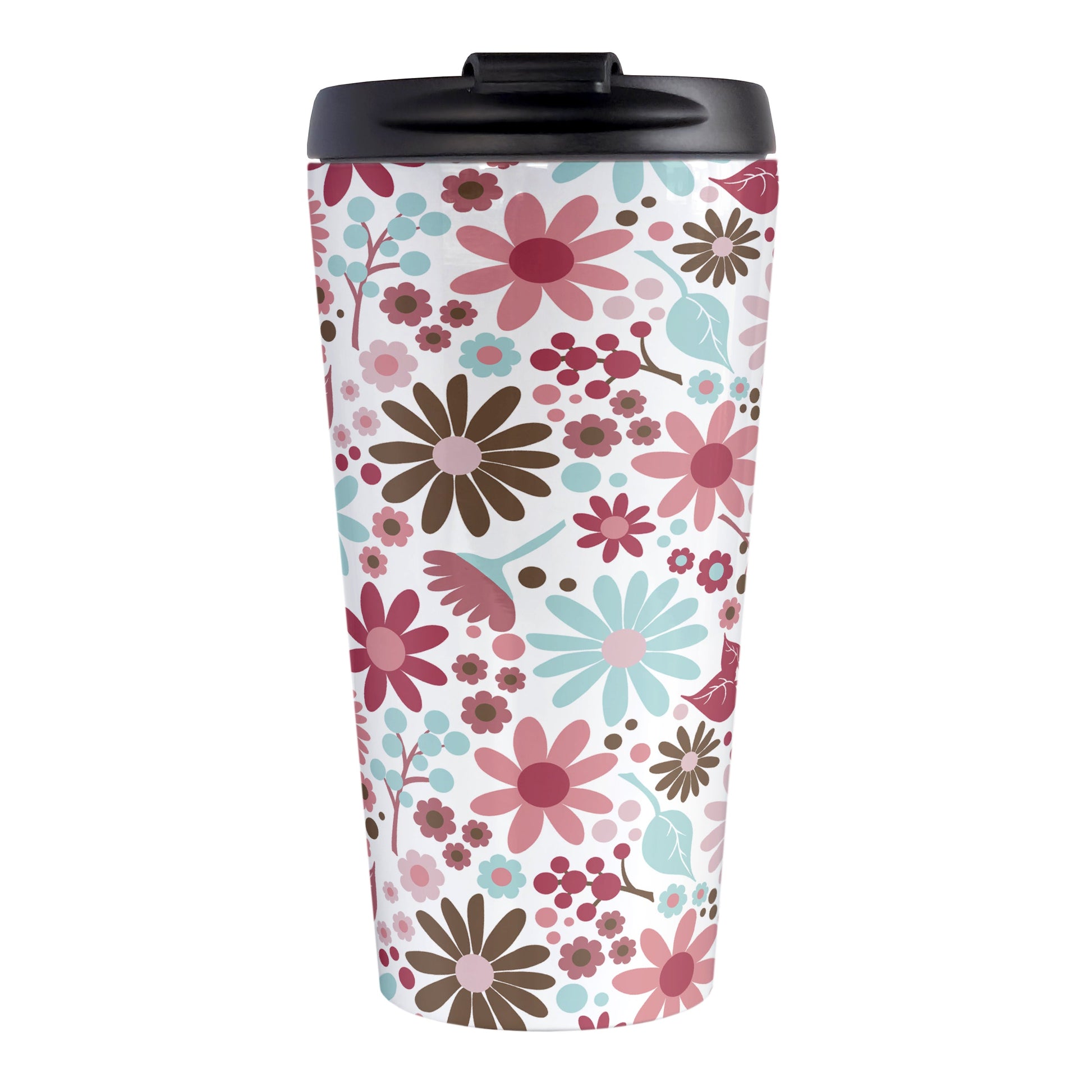 Berry Summer Flowers Travel Mug (15oz, stainless steel insulated) at Amy's Coffee Mugs. A travel mug designed with a lovely summer flowers pattern in beautiful berry pink hues, accented with aqua blue and brown, that wraps around the travel mug.