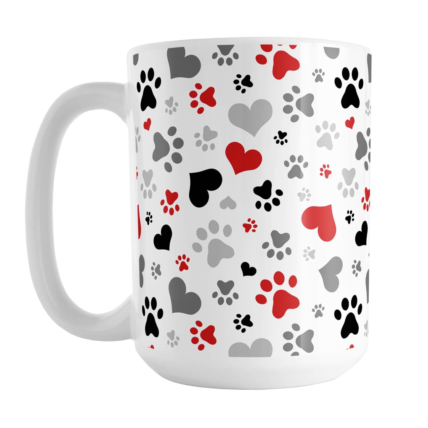 Black and Red Hearts and Paw Prints Mug (15oz) at Amy's Coffee Mugs. A ceramic coffee mug designed with a pattern of hearts and paw prints in red and different shades of black and gray that wraps around the mug to the handle. This mug is perfect for people love dogs and cute paw print designs.